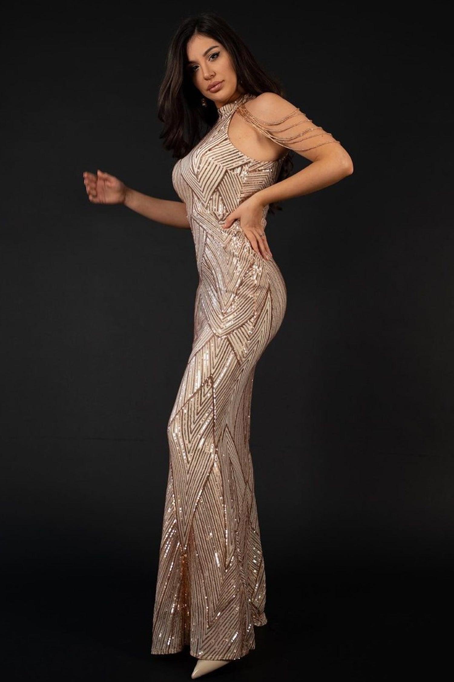 Eleonora Champagne Sequin Mermaid Halter Neck Dress