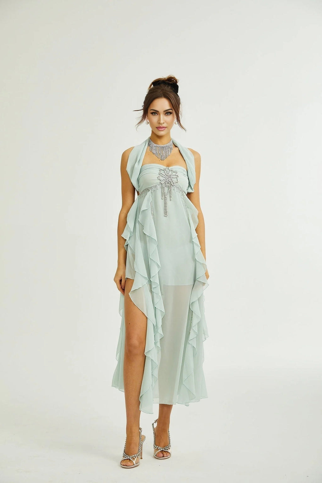 Eleonora Midi Dress - Halterneck Neckline - Sleeveless - Pleated Skirt - Ruffled Detailing