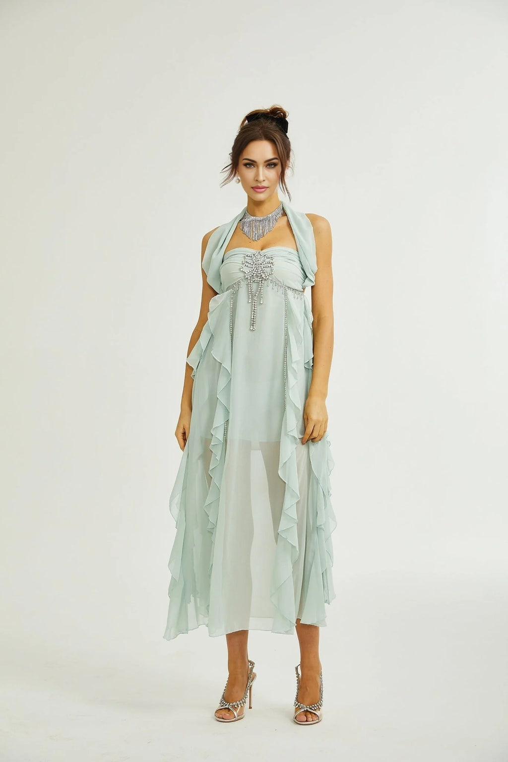 Eleonora Midi Dress - Halterneck Neckline - Sleeveless - Pleated Skirt - Ruffled Detailing