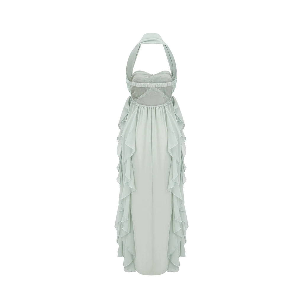 Eleonora Midi Dress - Halterneck Neckline - Sleeveless - Pleated Skirt - Ruffled Detailing