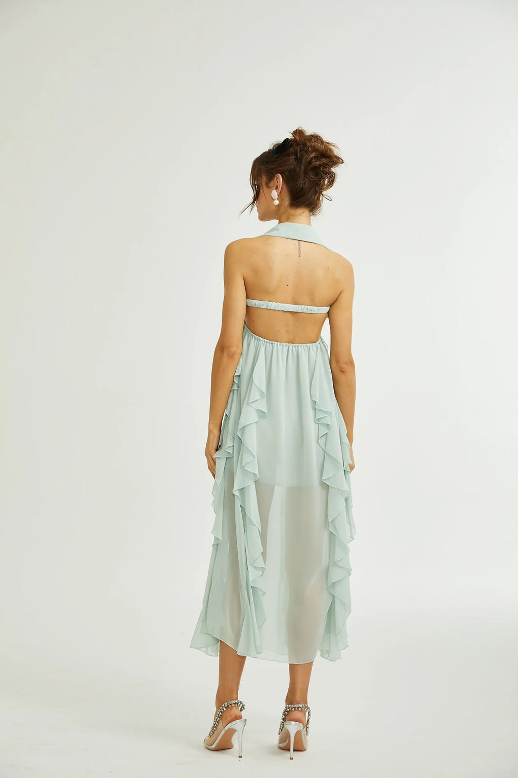 Eleonora Midi Dress - Halterneck Neckline - Sleeveless - Pleated Skirt - Ruffled Detailing