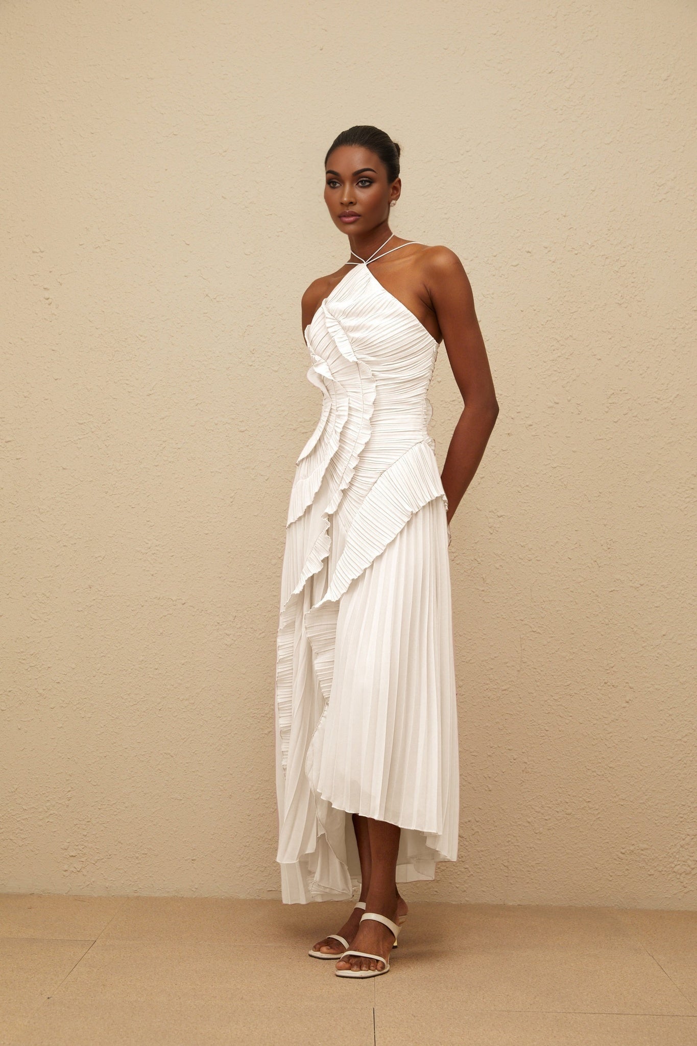 Eleonora Midi Dress - Halterneck - Sleeveless - Fully - Pleated - Ruffled Trim - Asymmetrical Design