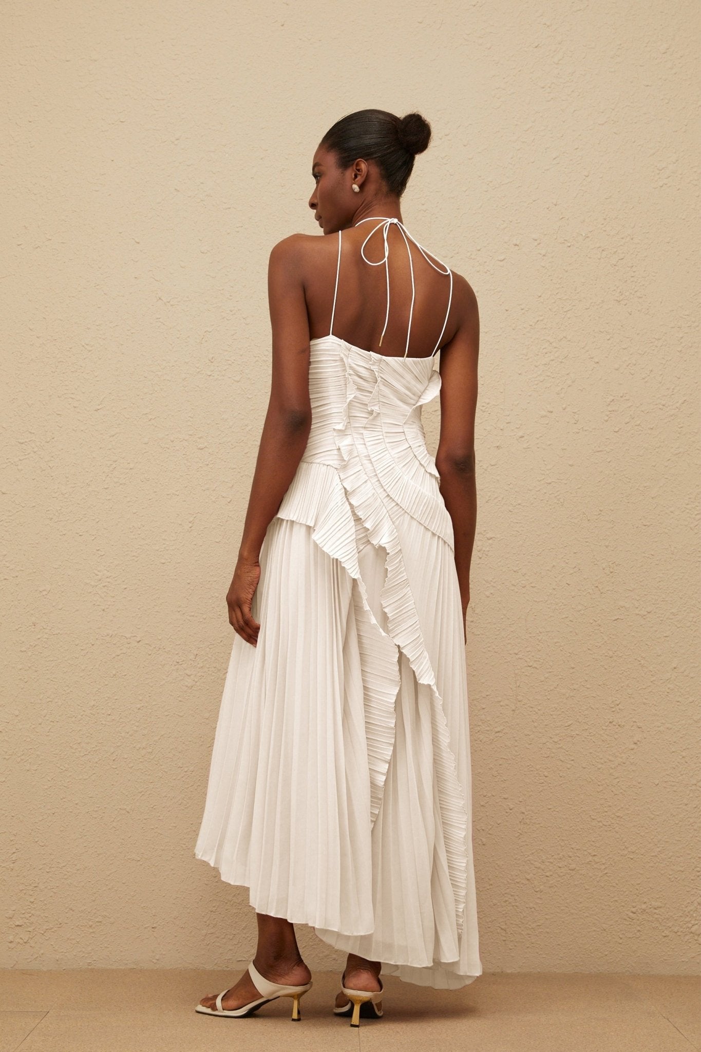 Eleonora Midi Dress - Halterneck - Sleeveless - Fully - Pleated - Ruffled Trim - Asymmetrical Design