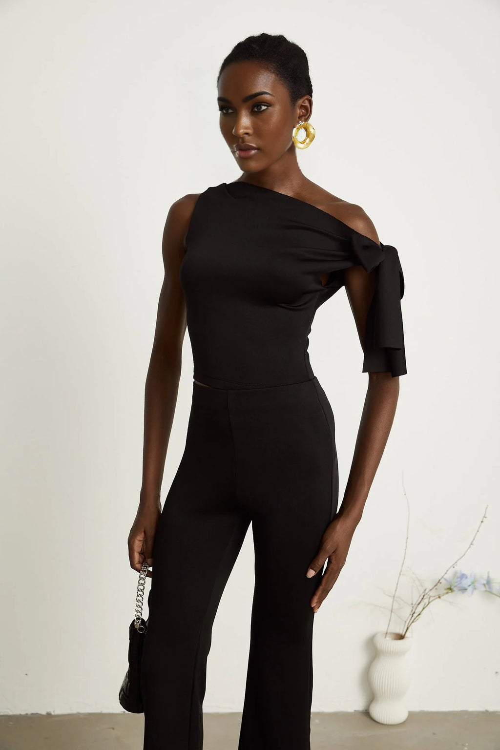 Eleonora Top & Trousers Set - Sleeveless One Shoulder - Knitted Construction - High - Waisted Flared Legs