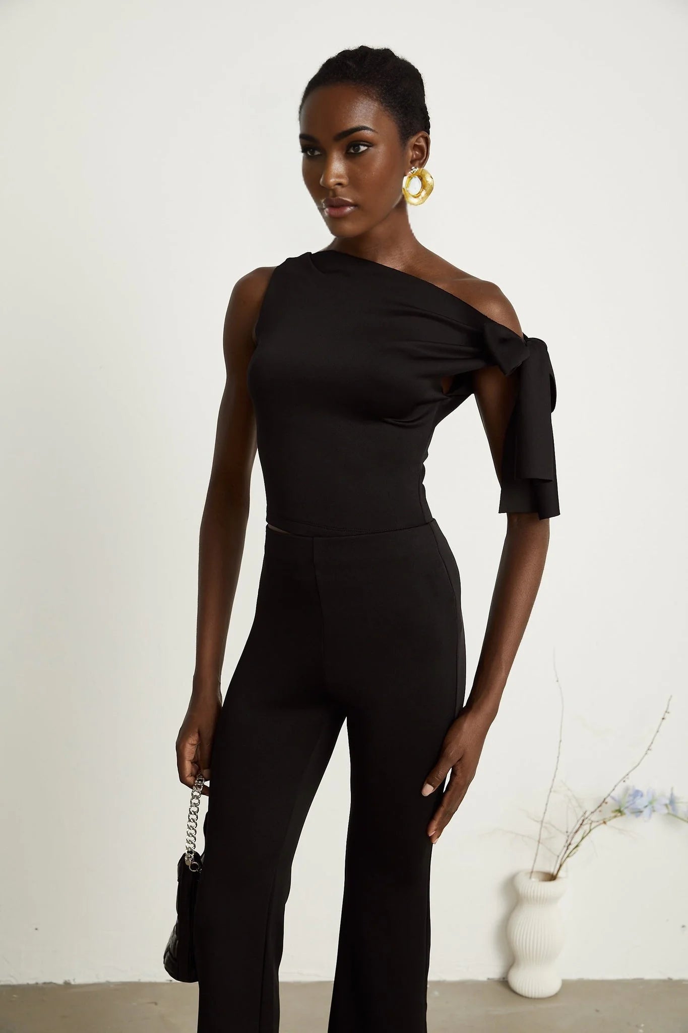 Eleonora Top & Trousers Set - Sleeveless One Shoulder - Knitted Construction - High - Waisted Flared Legs