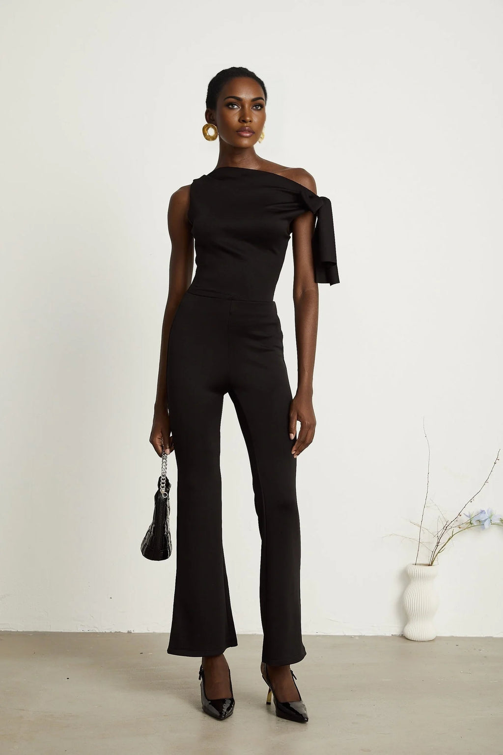 Eleonora Top & Trousers Set - Sleeveless One Shoulder - Knitted Construction - High - Waisted Flared Legs