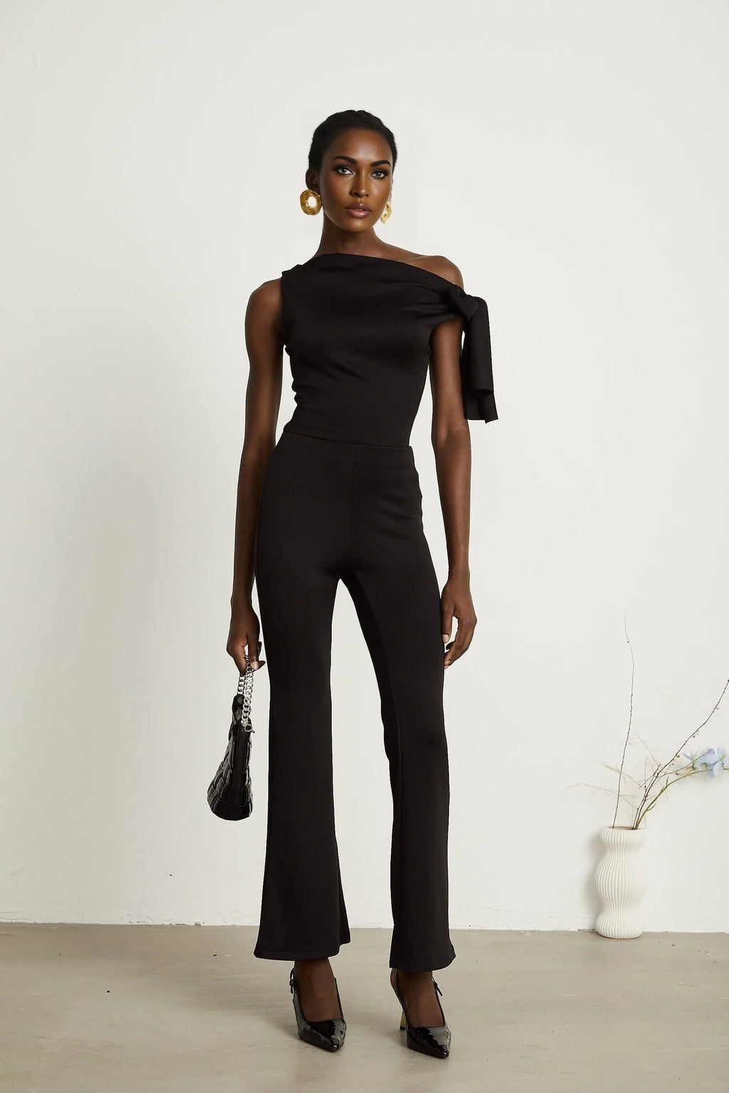 Eleonora Top & Trousers Set - Sleeveless One Shoulder - Knitted Construction - High - Waisted Flared Legs