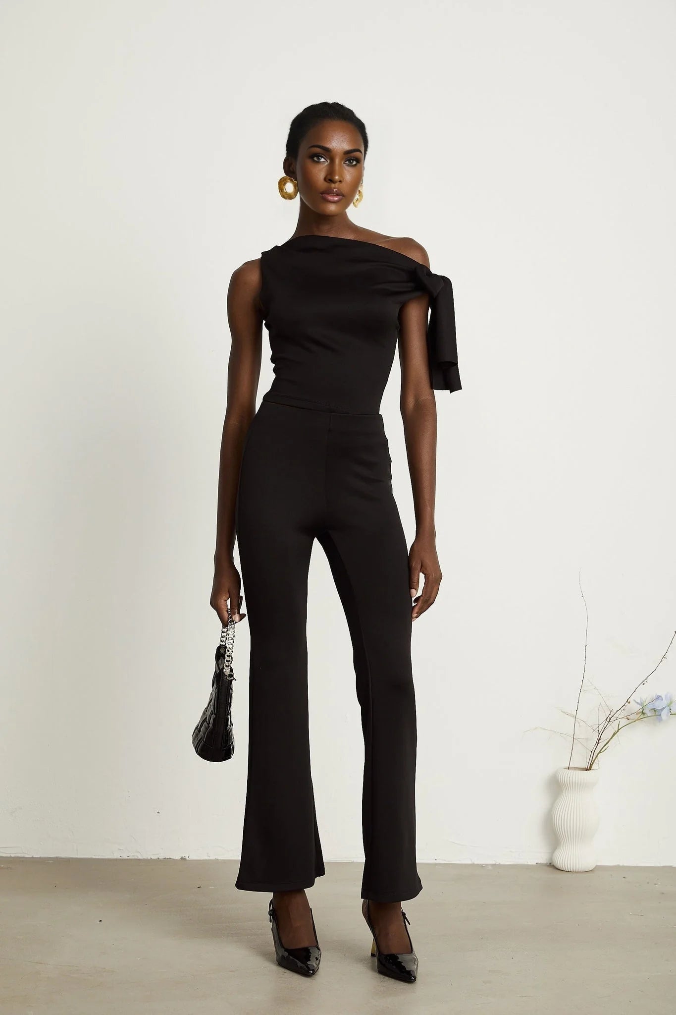 Eleonora Top & Trousers Set - Sleeveless One Shoulder - Knitted Construction - High - Waisted Flared Legs