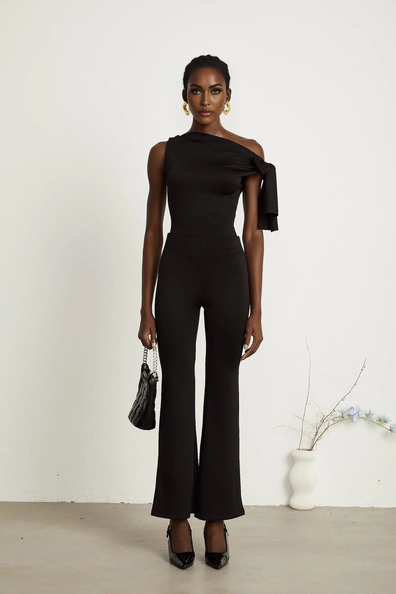 Eleonora Top & Trousers Set - Sleeveless One Shoulder - Knitted Construction - High - Waisted Flared Legs