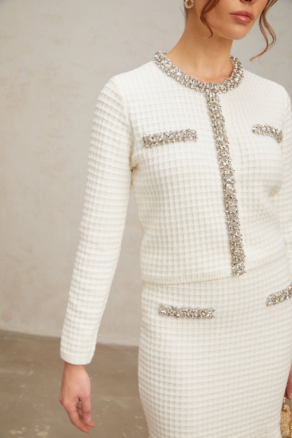 Elettra Cardigan & Skirt - Crystal Embellishments - Pinched Shoulder Detail - Waffle Knit Texture - Ruffled Hem