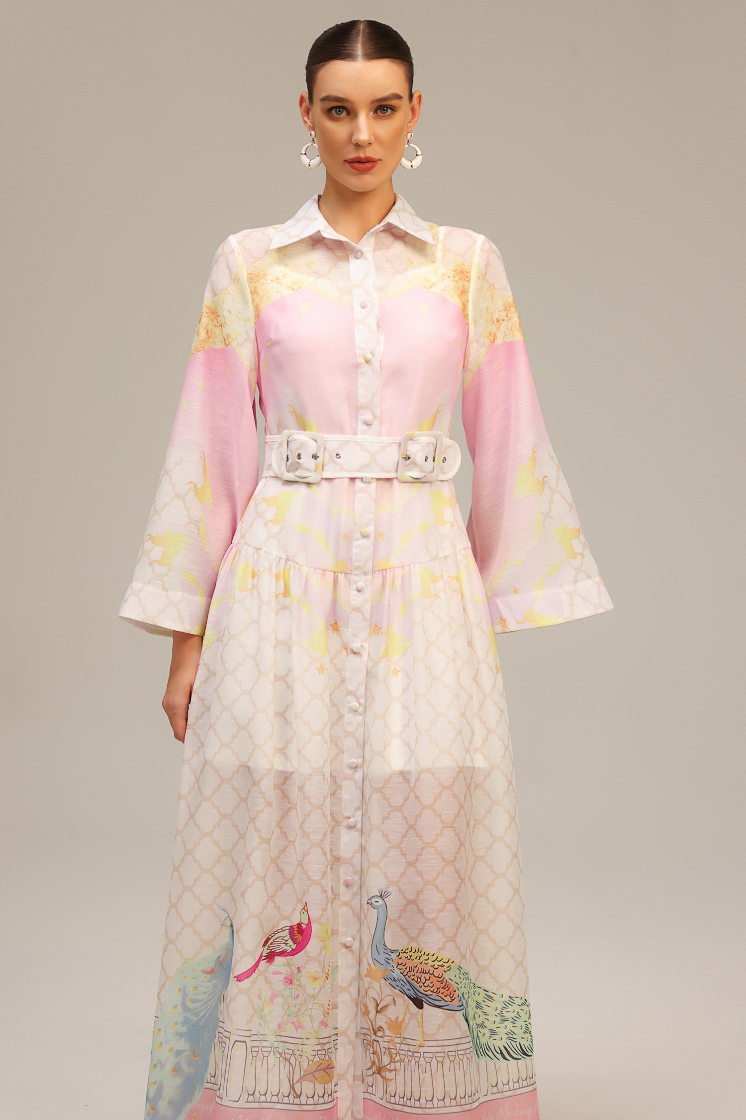 Elettra Pink Floral Maxi Dress Belted Long Sleeve Collar