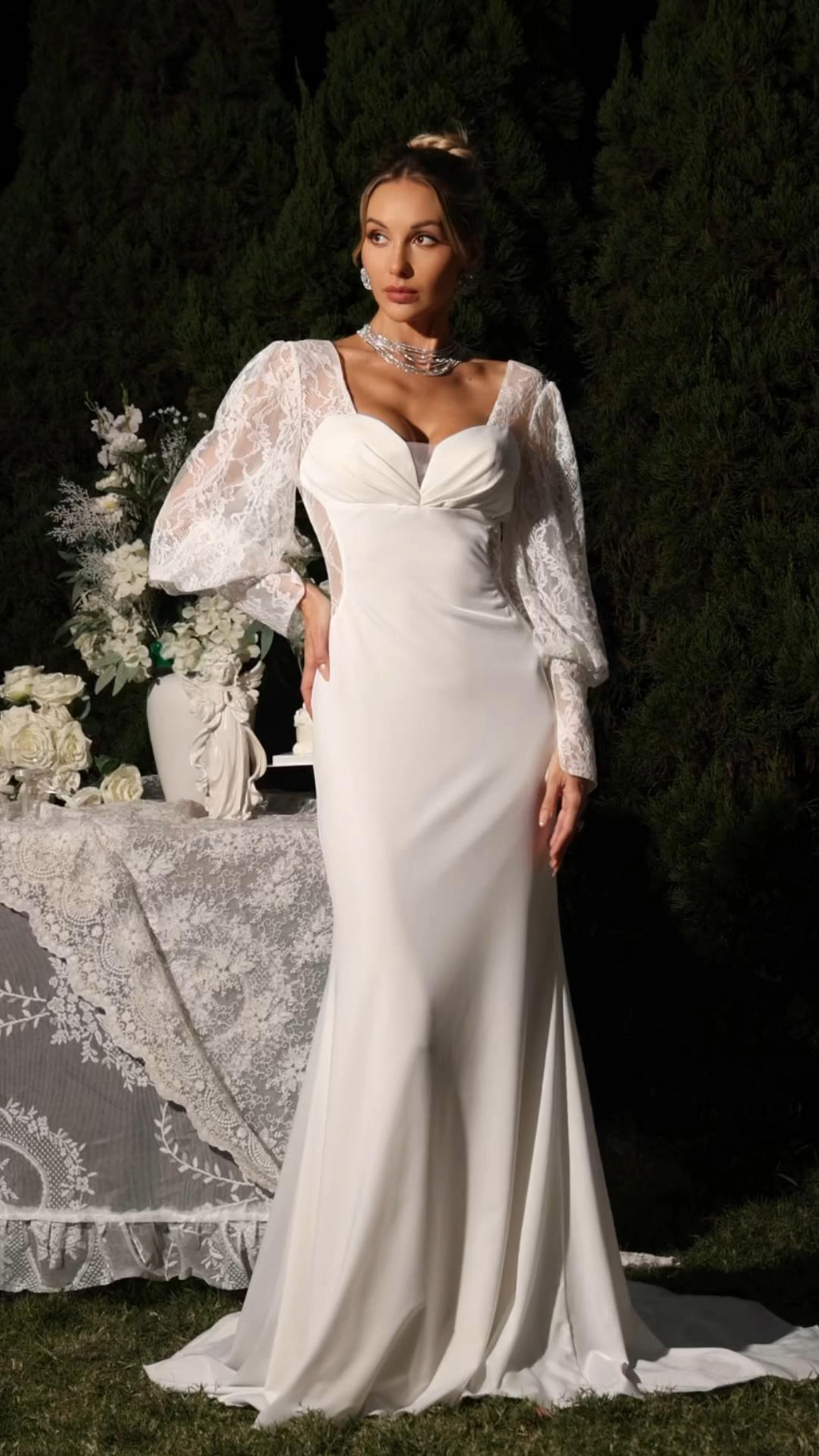 Elettra White Lace Sleeve Maxi Dress Sweetheart Neckline Formal Evening Gown