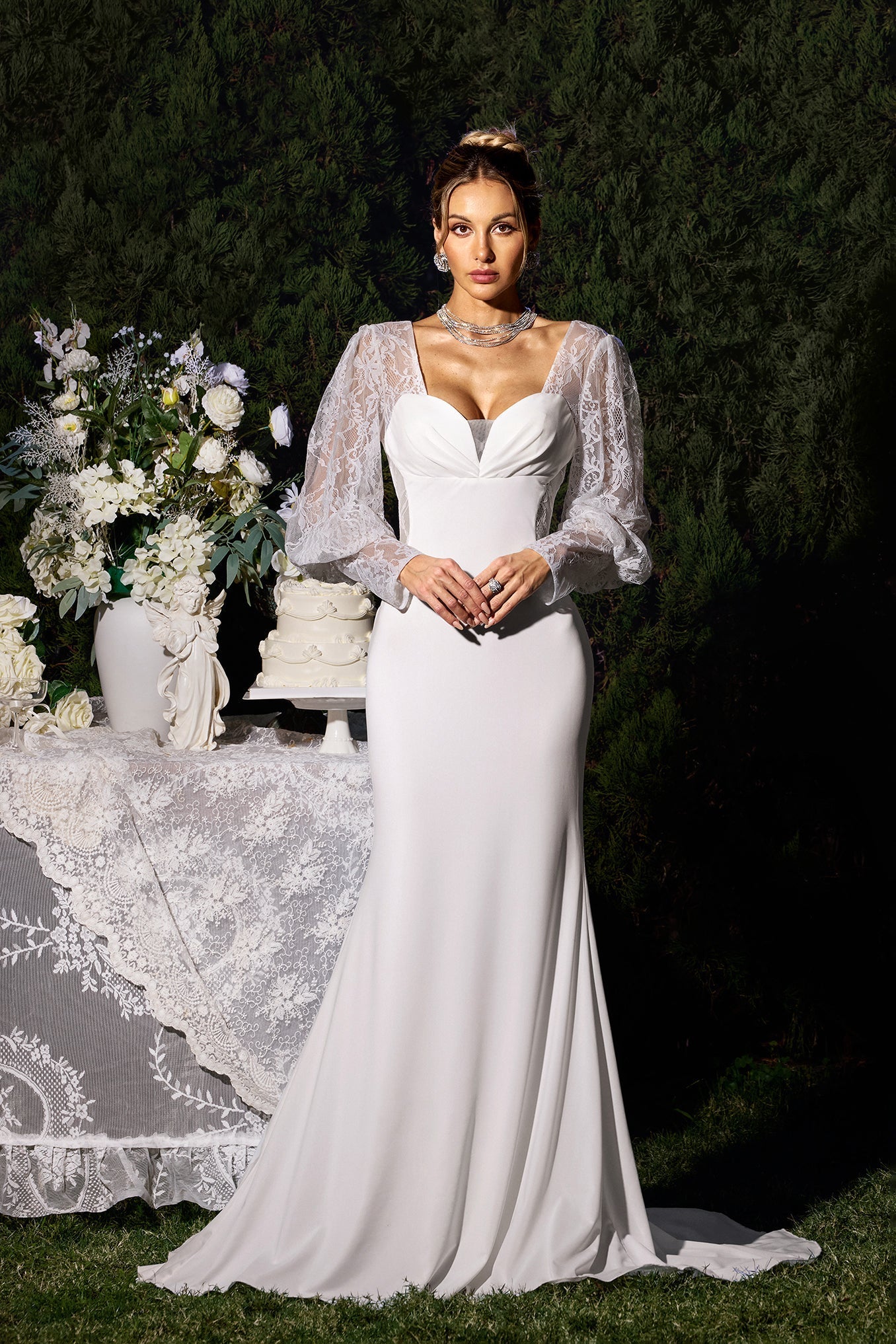 Elettra White Lace Sleeve Maxi Dress for Special Occasion