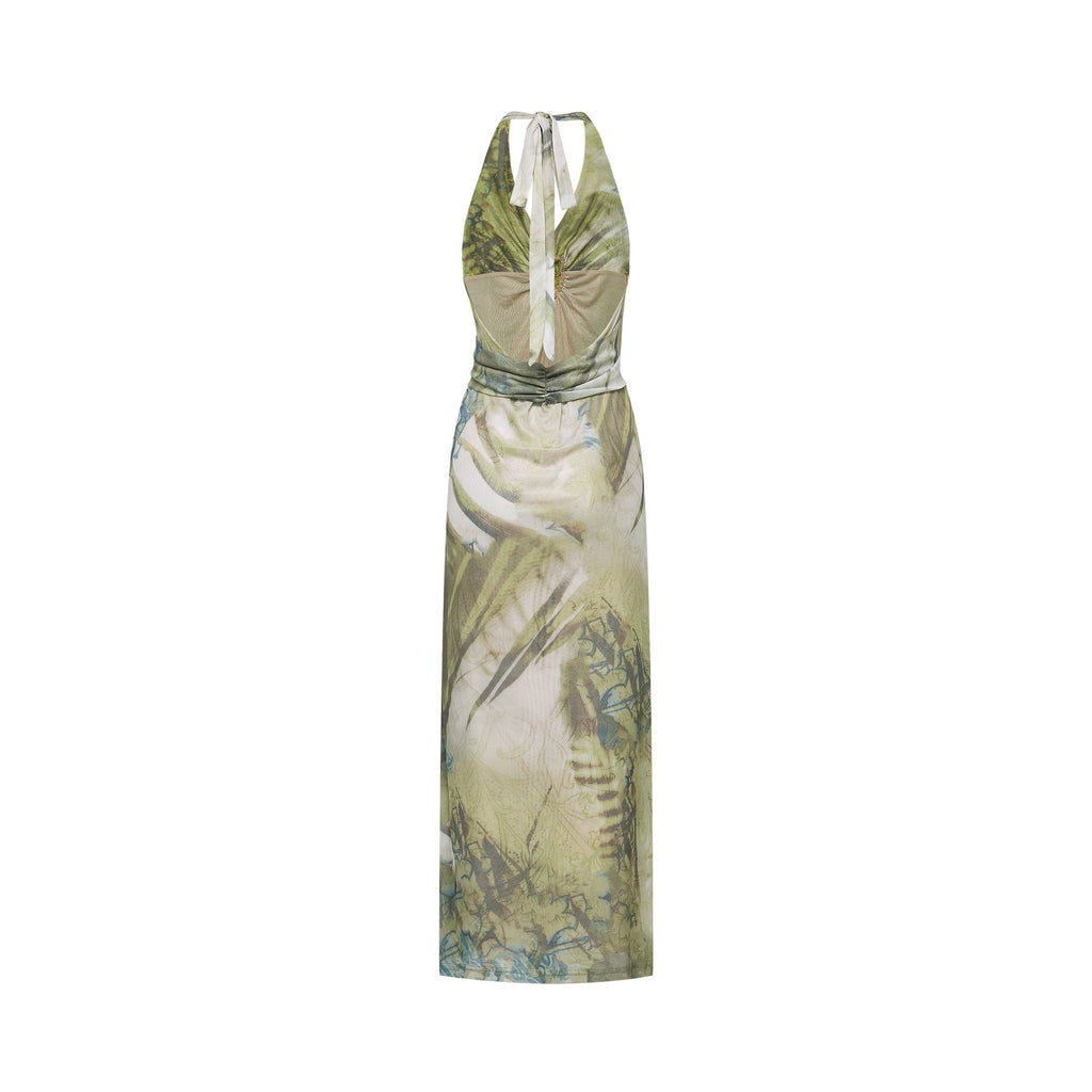 Éliane Midi Dress - Halterneck Tie Closure - Open Back - Ombre Print - Ruffle Trim - High Slit Embellished