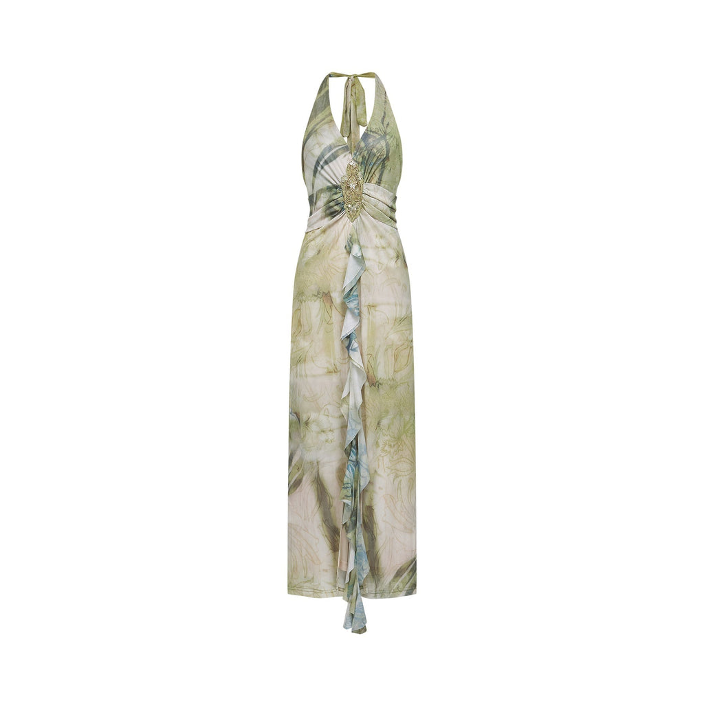 Éliane Midi Dress - Halterneck Tie Closure - Open Back - Ombre Print - Ruffle Trim - High Slit Embellished