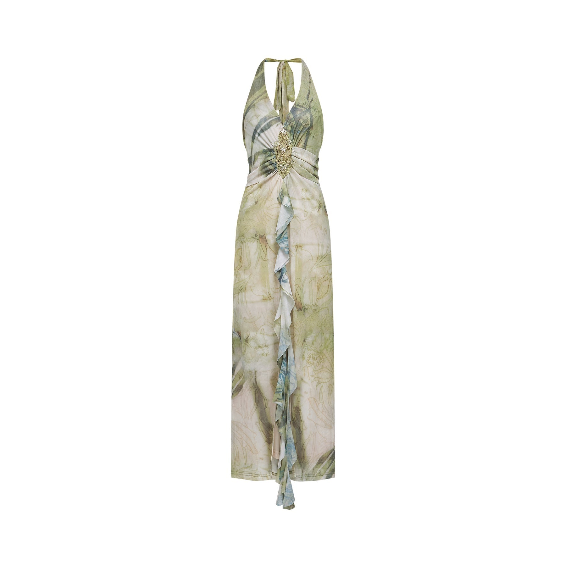 Éliane Midi Dress - Halterneck Tie Closure - Open Back - Ombre Print - Ruffle Trim - High Slit Embellished