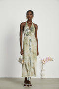Éliane Midi Dress - Halterneck Tie Closure - Open Back - Ombre Print - Ruffle Trim - High Slit Embellished