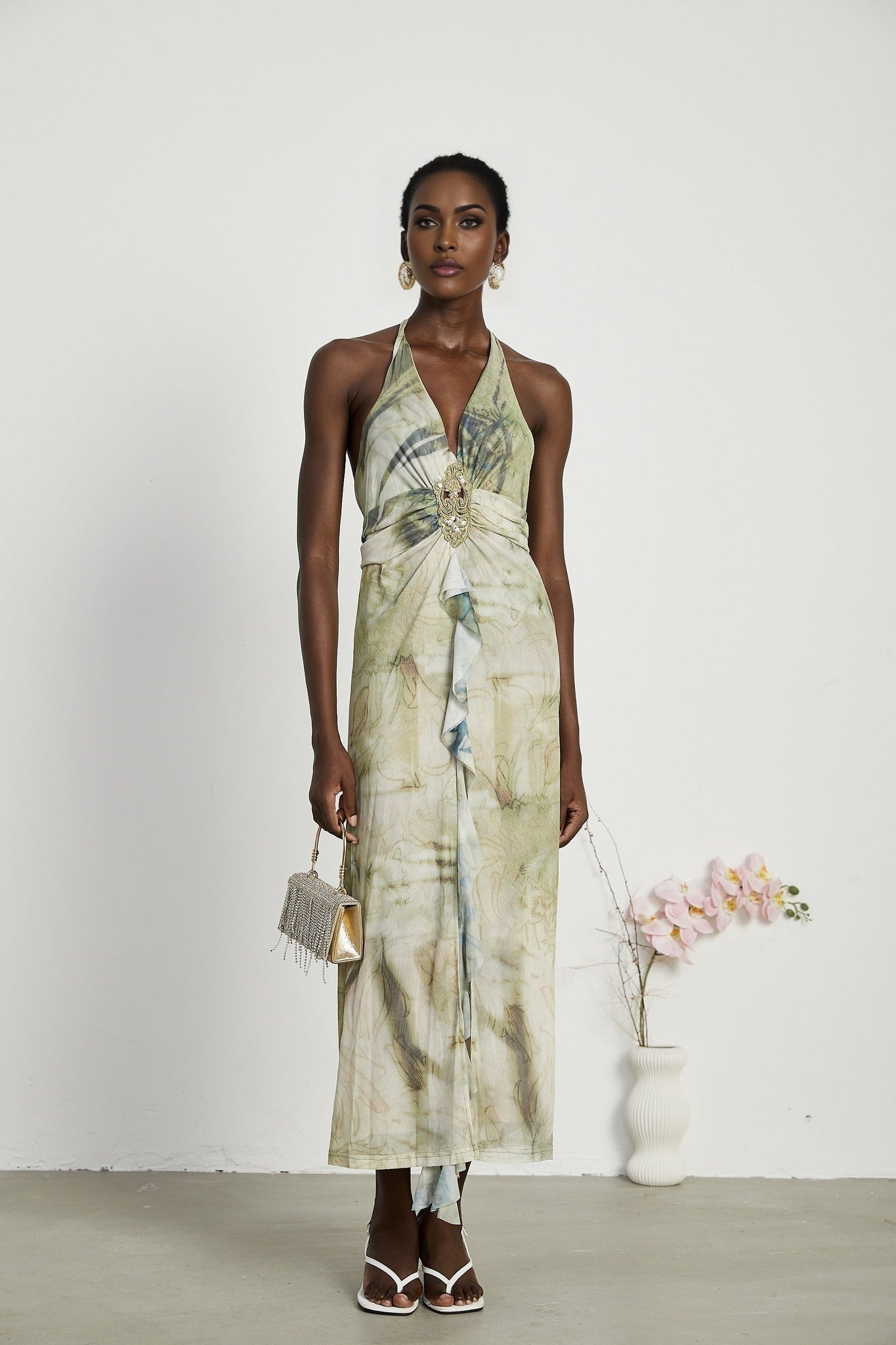 Éliane Midi Dress - Halterneck Tie Closure - Open Back - Ombre Print - Ruffle Trim - High Slit Embellished