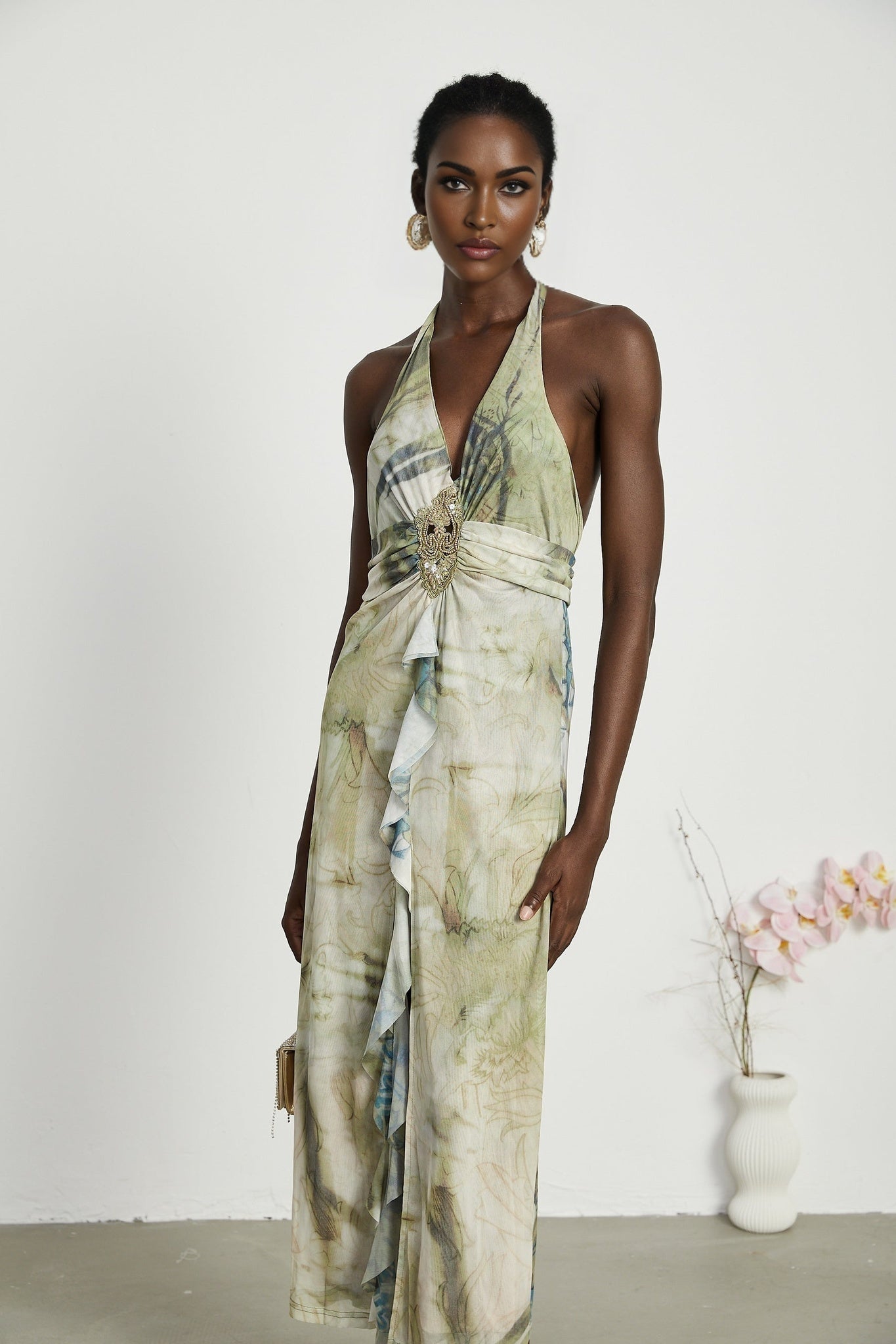 Éliane Midi Dress - Halterneck Tie Closure - Open Back - Ombre Print - Ruffle Trim - High Slit Embellished