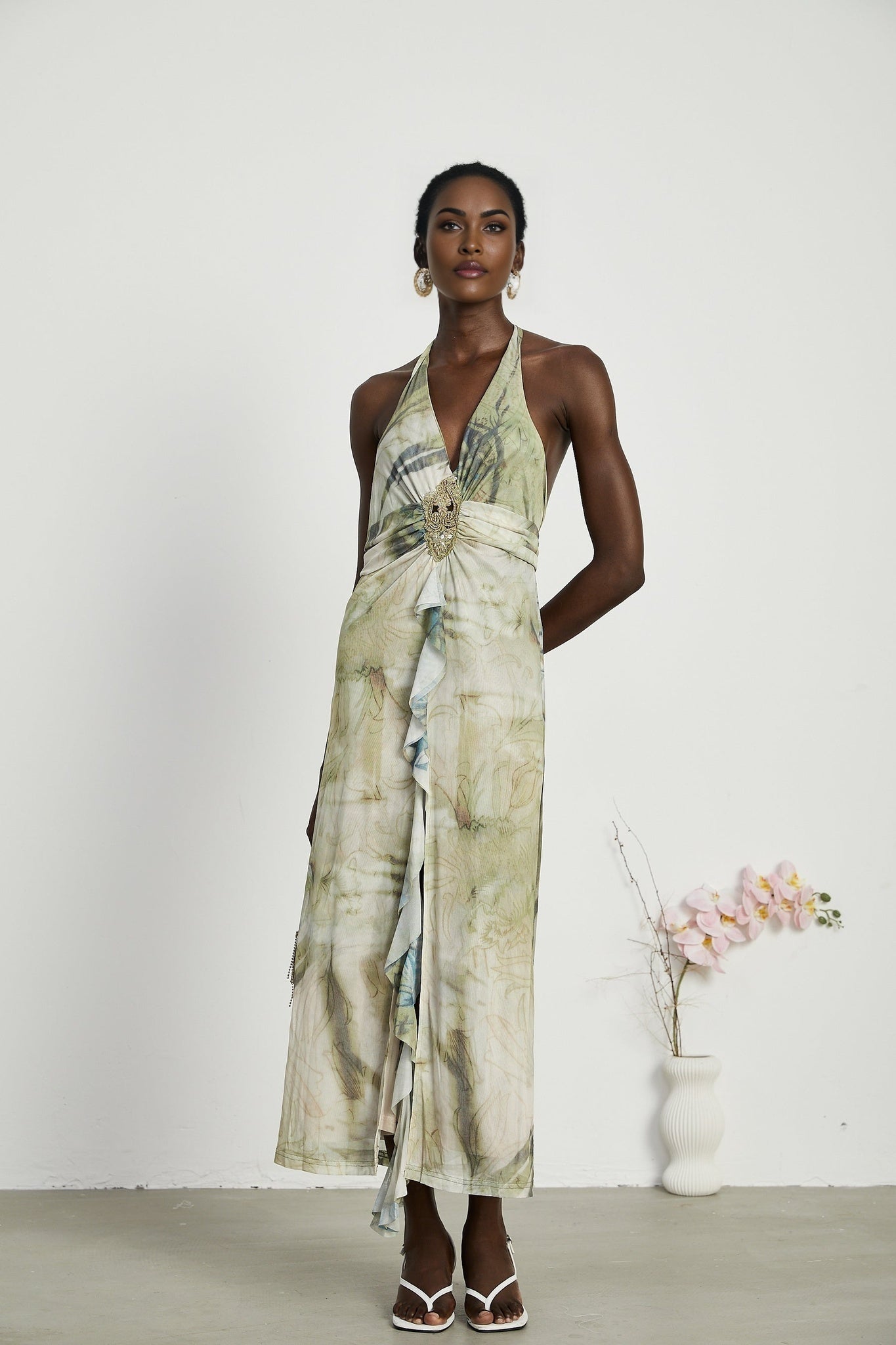 Éliane Midi Dress - Halterneck Tie Closure - Open Back - Ombre Print - Ruffle Trim - High Slit Embellished