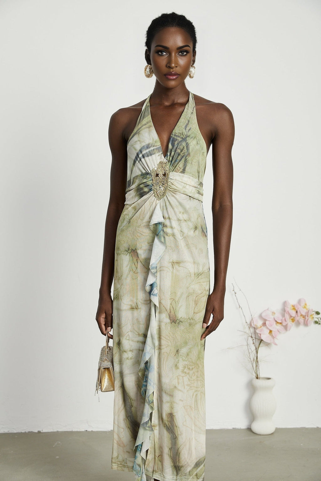 Éliane Midi Dress - Halterneck Tie Closure - Open Back - Ombre Print - Ruffle Trim - High Slit Embellished