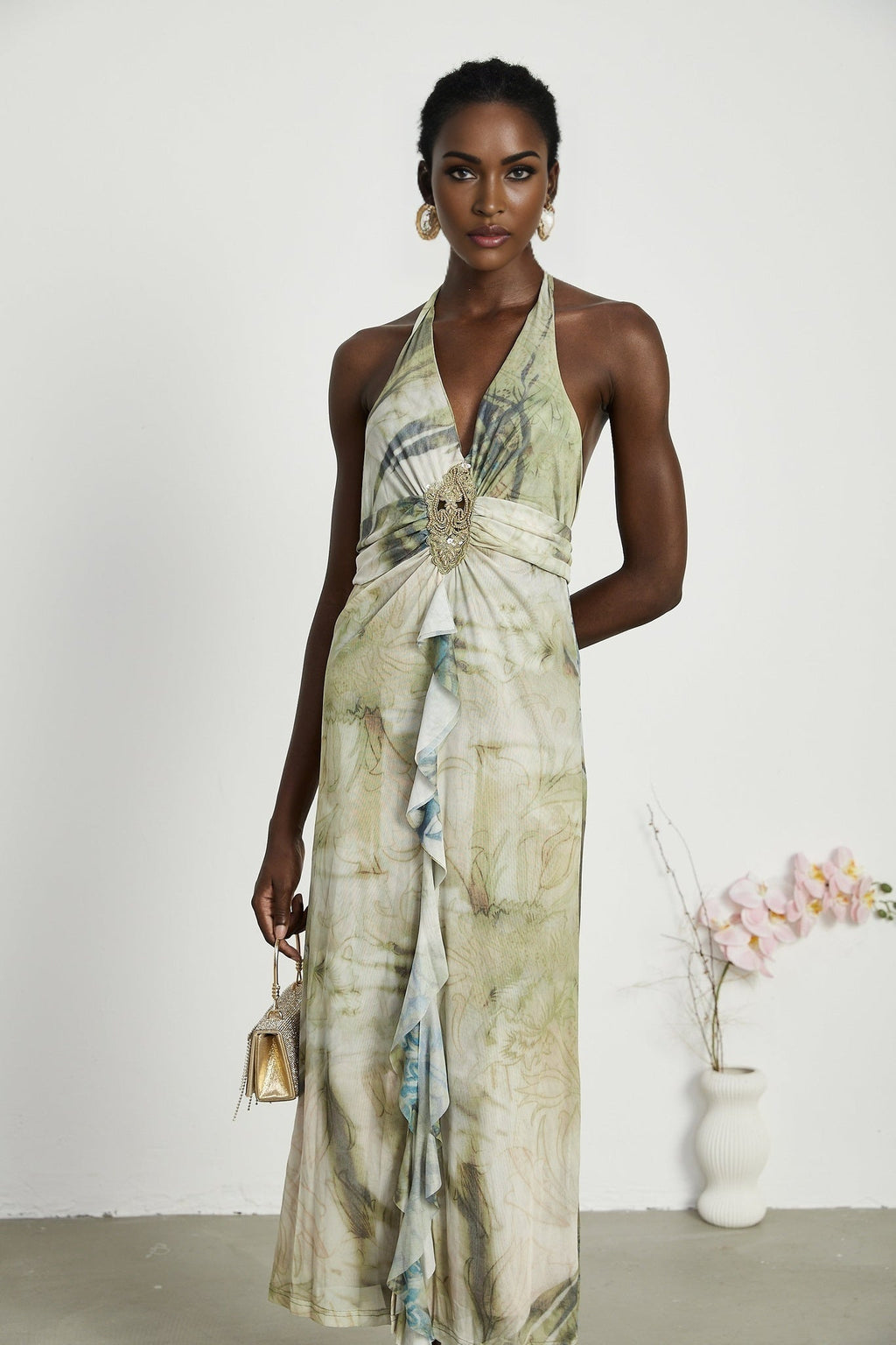 Éliane Midi Dress - Halterneck Tie Closure - Open Back - Ombre Print - Ruffle Trim - High Slit Embellished