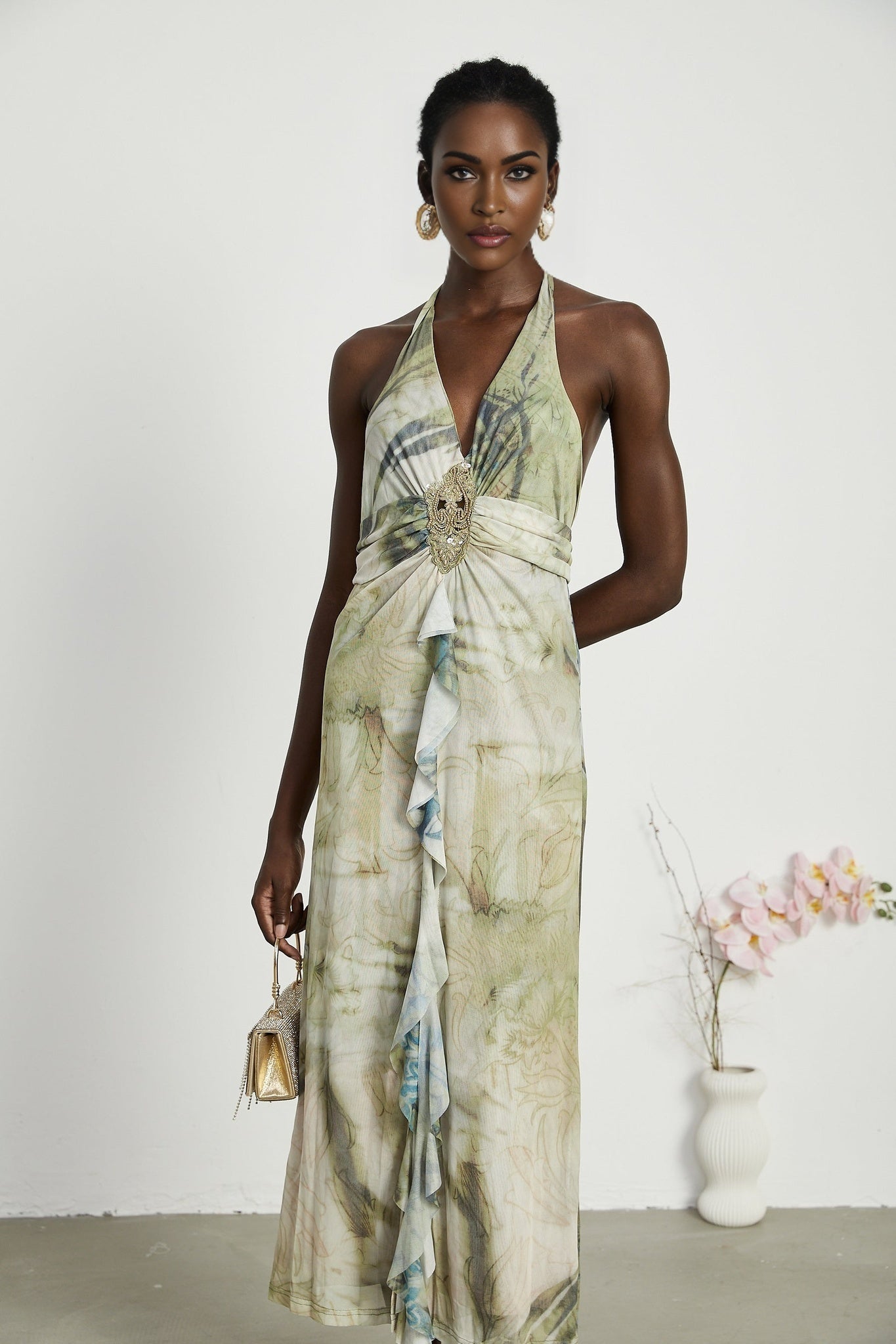 Éliane Midi Dress - Halterneck Tie Closure - Open Back - Ombre Print - Ruffle Trim - High Slit Embellished