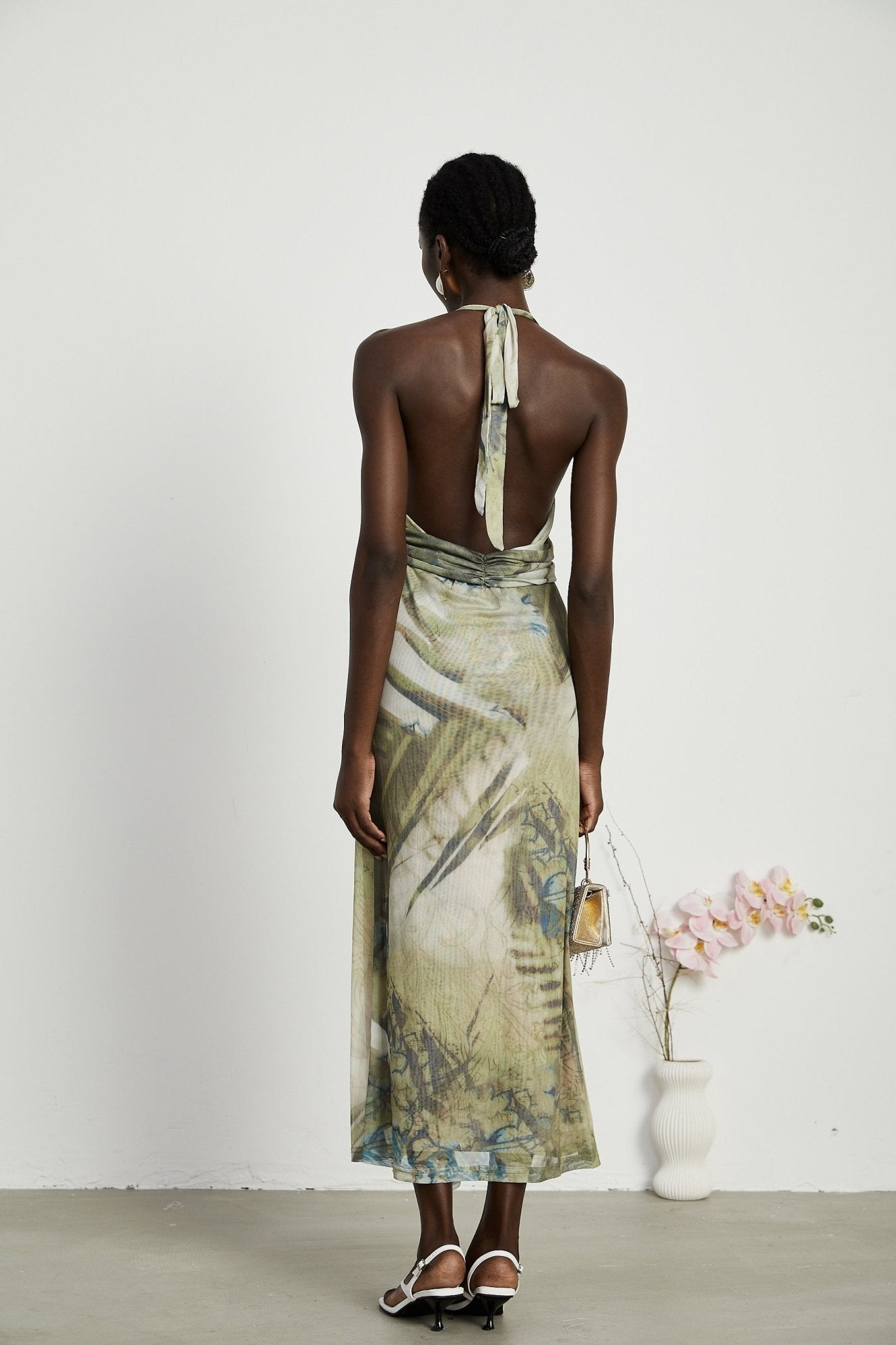 Éliane Midi Dress - Halterneck Tie Closure - Open Back - Ombre Print - Ruffle Trim - High Slit Embellished