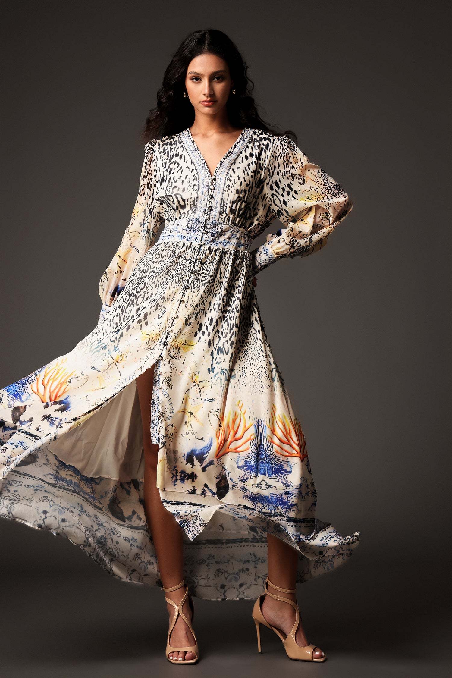 Elisa Beige Maxi Dress V Neck Long Sleeve Formal Evening Wear Coastal Landscape Pattern