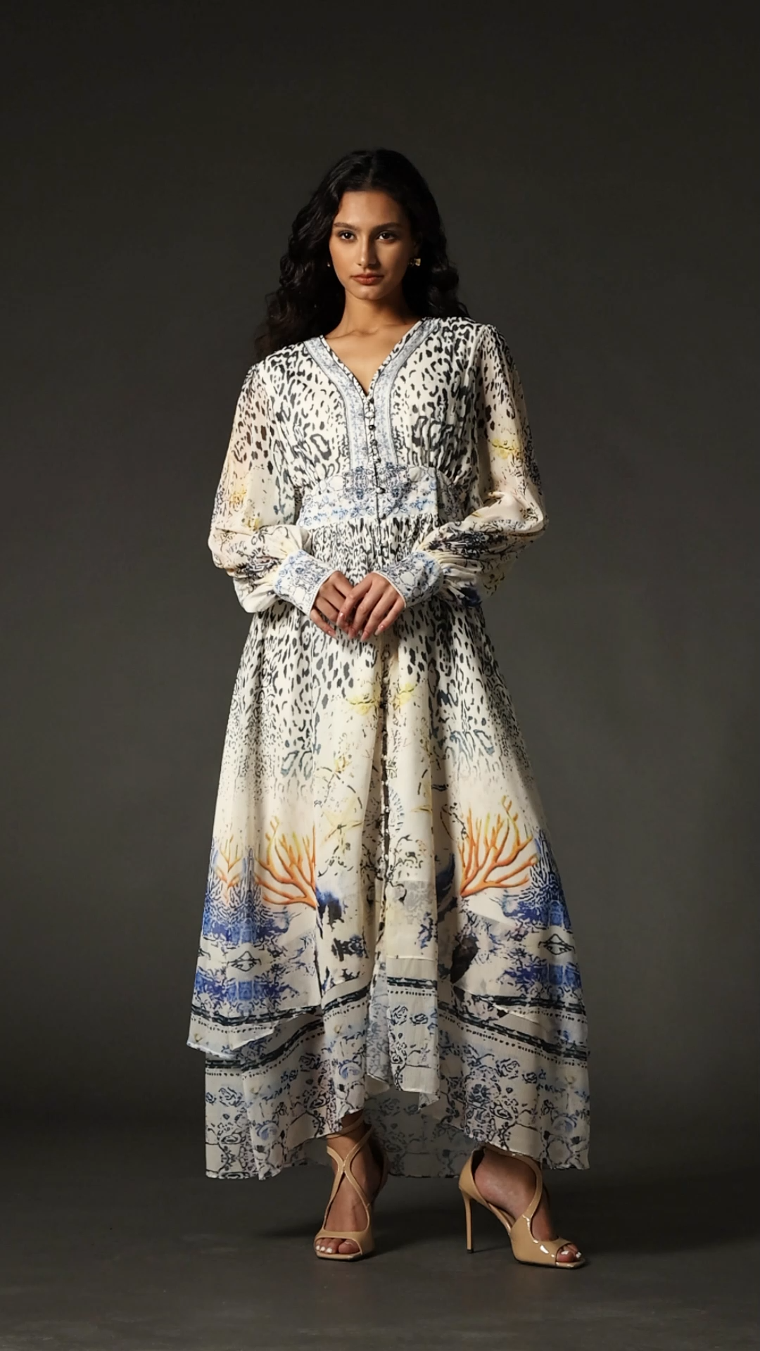 Elisa Beige Maxi Dress V Neckline Long Sleeves Elegant Evening Wear