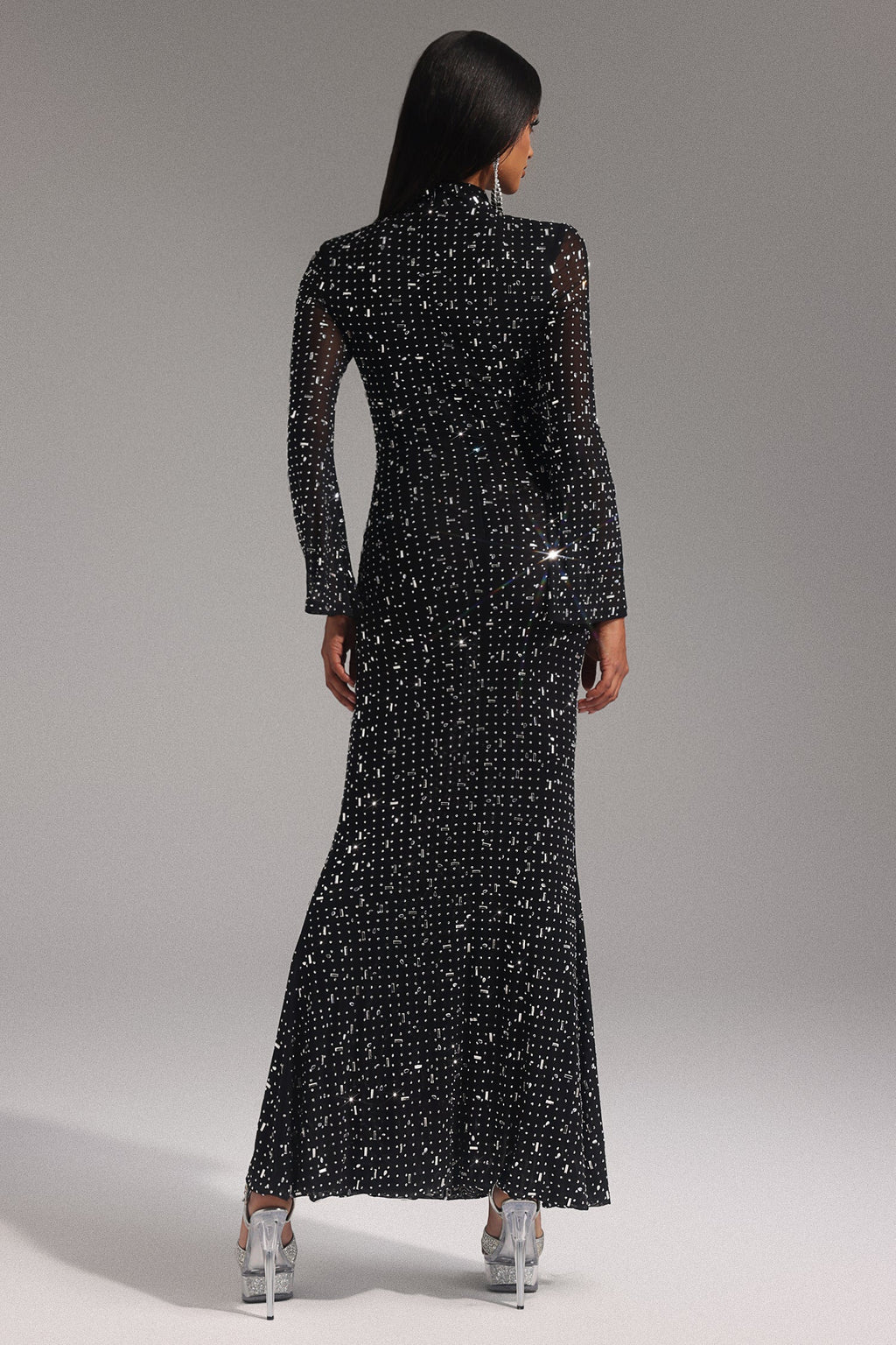 Elisa Black Maxi Dress with Shimmering Embellishments and Long Sleeves