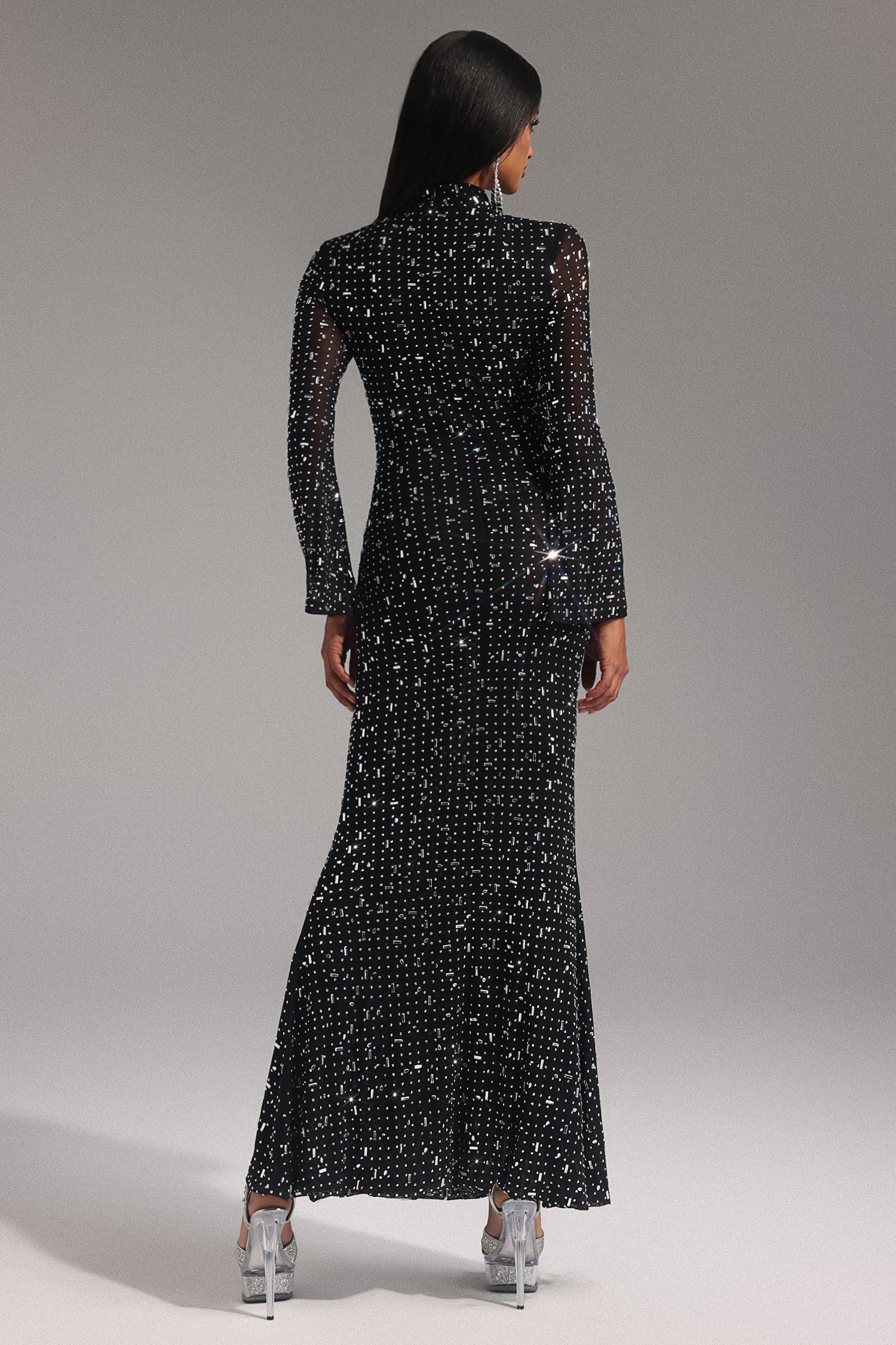 Elisa Black Maxi Dress with Shimmering Embellishments and Long Sleeves