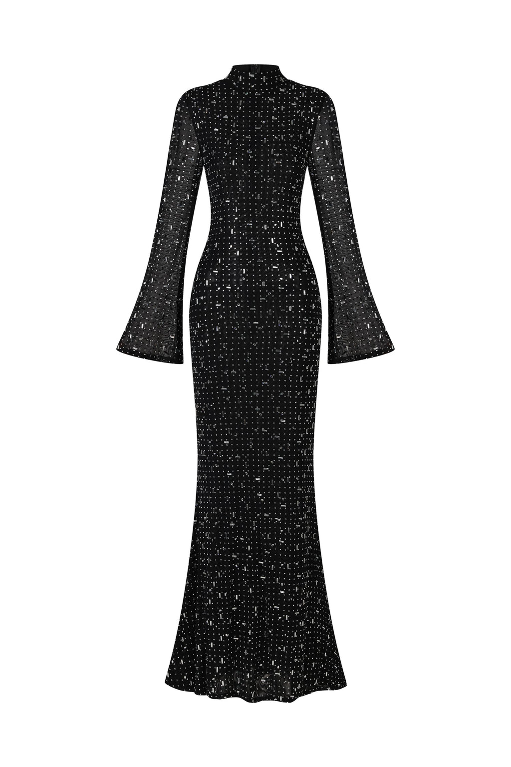 Elisa Black Maxi Dress with Shimmering Embellishments Long Sleeves High Neckline and Flared Hem for Evening Events and Formal Gatherings