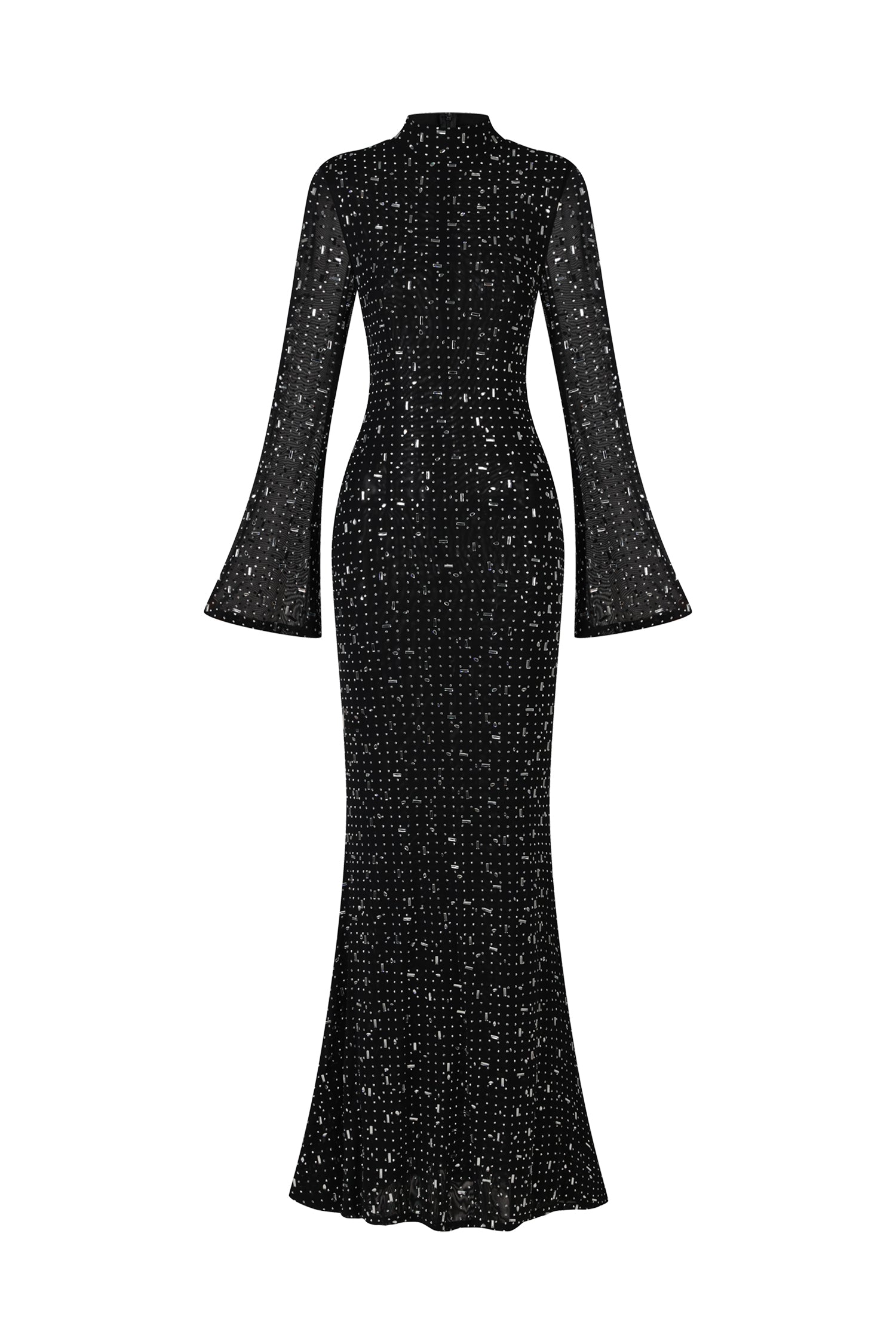 Elisa Black Maxi Dress with Shimmering Embellishments Long Sleeves High Neckline and Flared Hem for Evening Events and Formal Gatherings