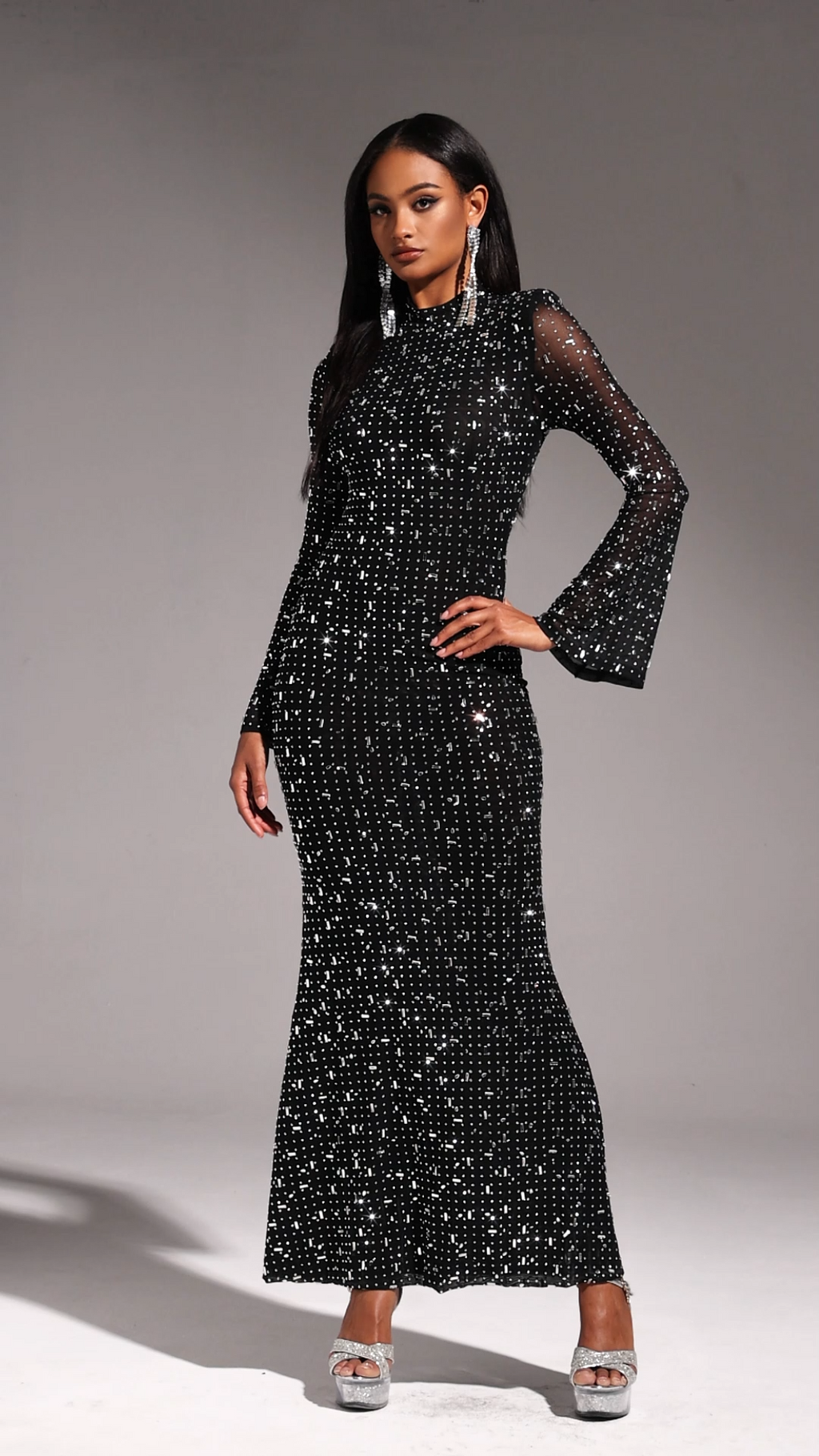 Elisa Black Maxi Dress with Shimmering Embellishments for Evening Events and Formal Gatherings