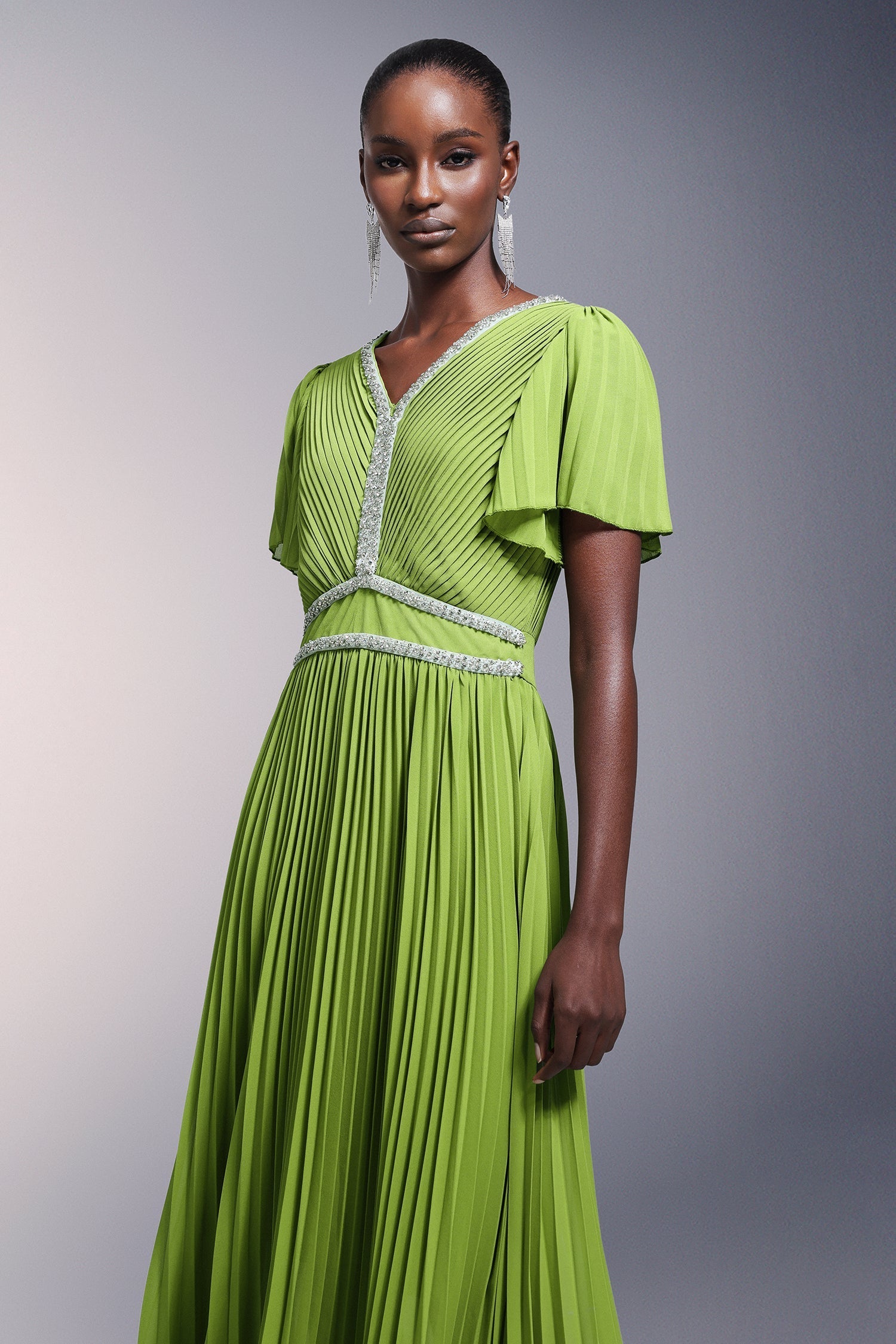 Elisa Green Maxi Dress Pleated V-Neck Short Sleeves Waist Detail Elegant Formal Wear