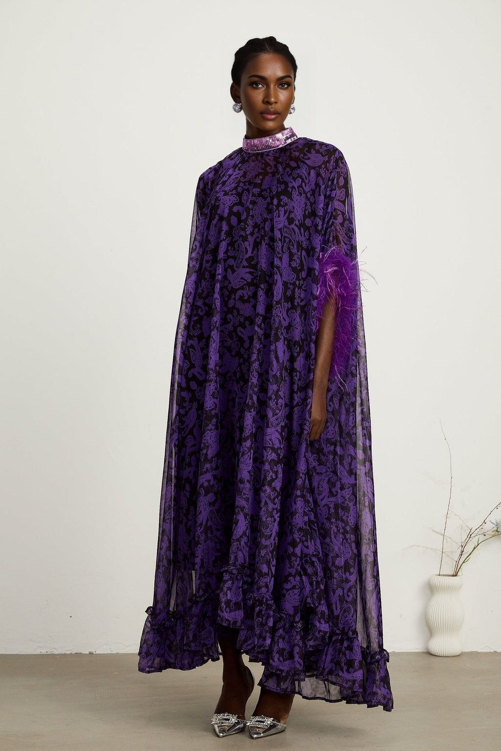 Elisa Maxi Dress - Batwing Sleeves - Feather - Trim Cuffs - All - Over Graphic Print - Semi - Sheer Construction