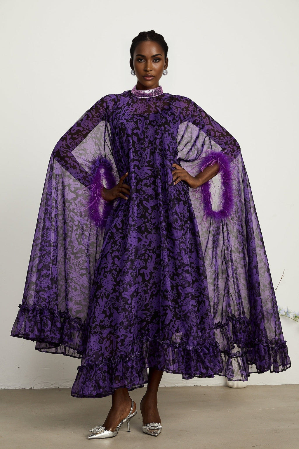 Elisa Maxi Dress - Batwing Sleeves - Feather - Trim Cuffs - All - Over Graphic Print - Semi - Sheer Construction
