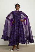 Elisa Maxi Dress - Batwing Sleeves - Feather - Trim Cuffs - All - Over Graphic Print - Semi - Sheer Construction