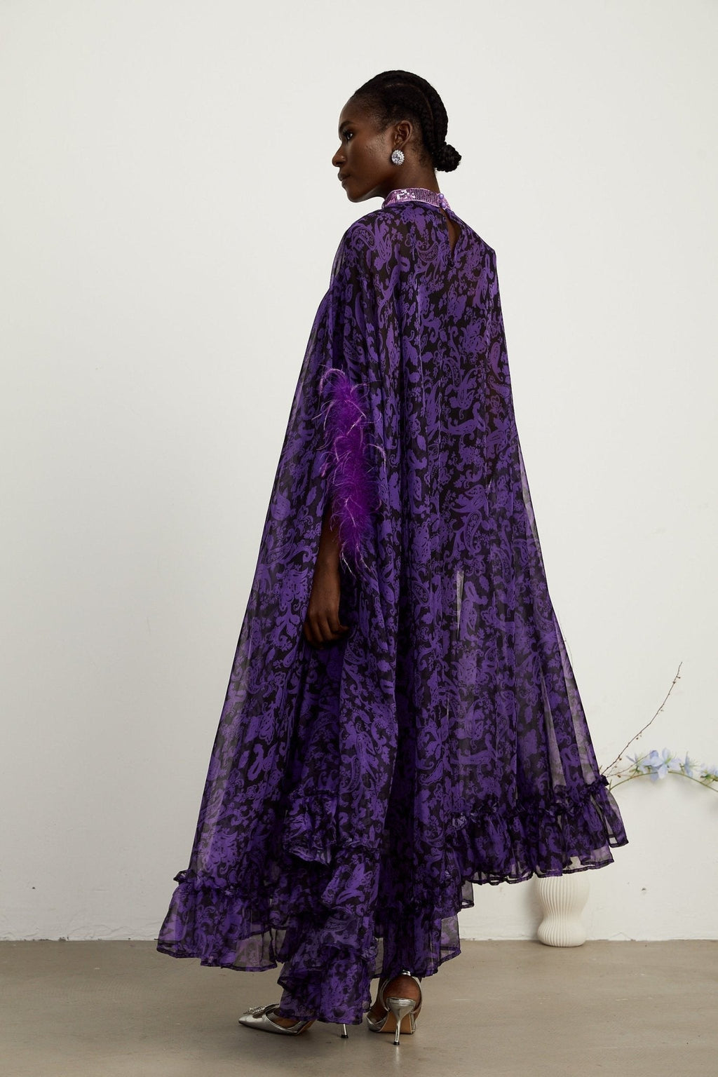 Elisa Maxi Dress - Batwing Sleeves - Feather - Trim Cuffs - All - Over Graphic Print - Semi - Sheer Construction