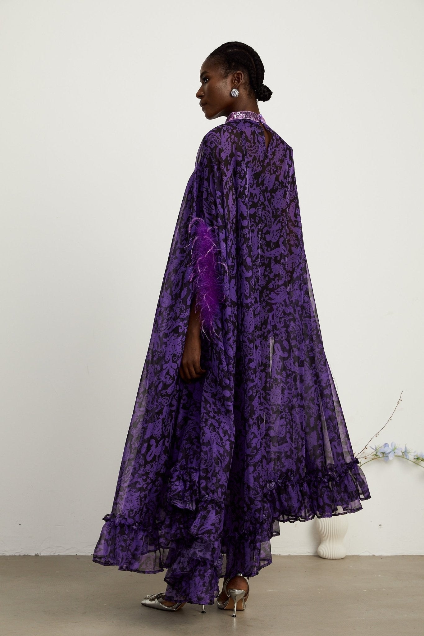 Elisa Maxi Dress - Batwing Sleeves - Feather - Trim Cuffs - All - Over Graphic Print - Semi - Sheer Construction