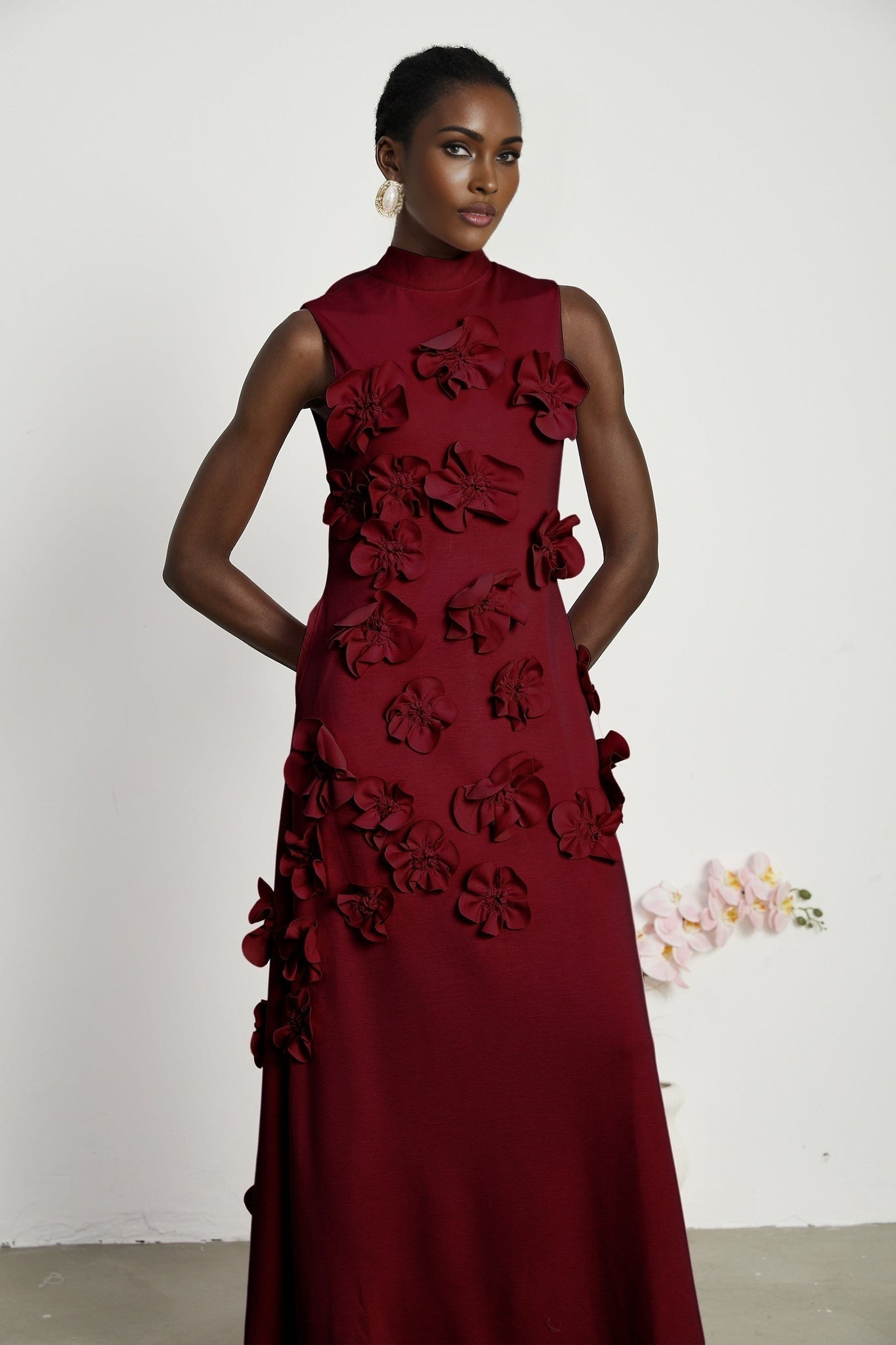 Elisa Maxi Dress - Sleeveless Style - Faux Flower Embellishments - Bow Tie Neck Detail - Flounce Hem
