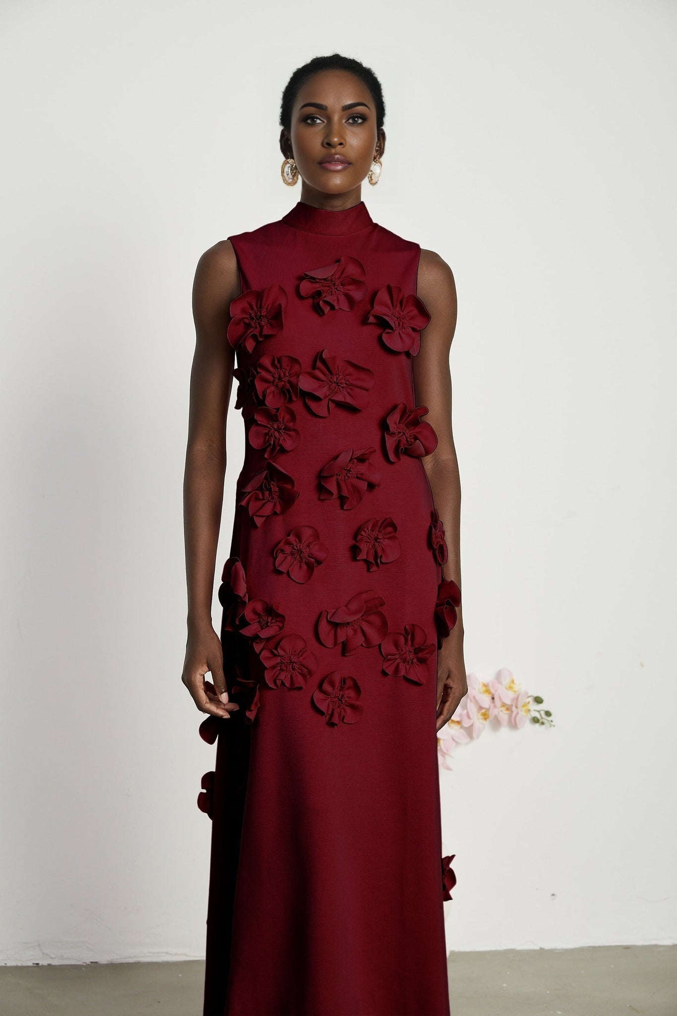 Elisa Maxi Dress - Sleeveless Style - Faux Flower Embellishments - Bow Tie Neck Detail - Flounce Hem