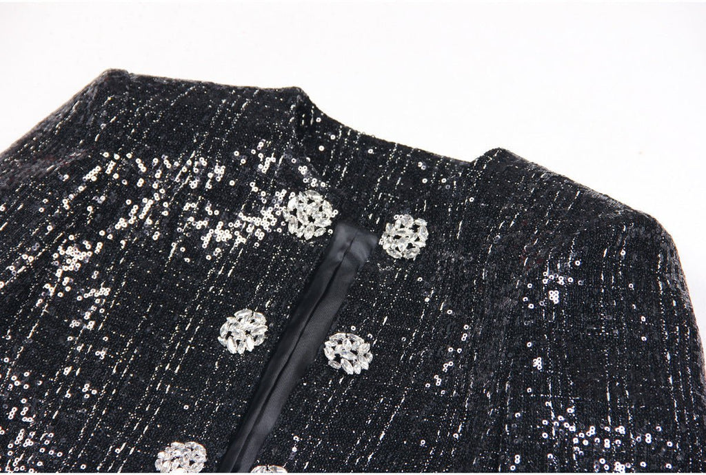 Elisa Tailored Tweed Jacket - Long Sleeves - Silver Detailing - Jeweled Buttons