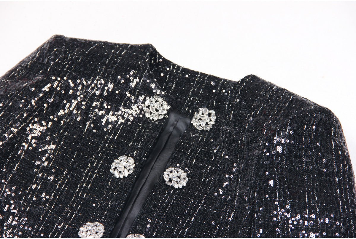 Elisa Tailored Tweed Jacket - Long Sleeves - Silver Detailing - Jeweled Buttons