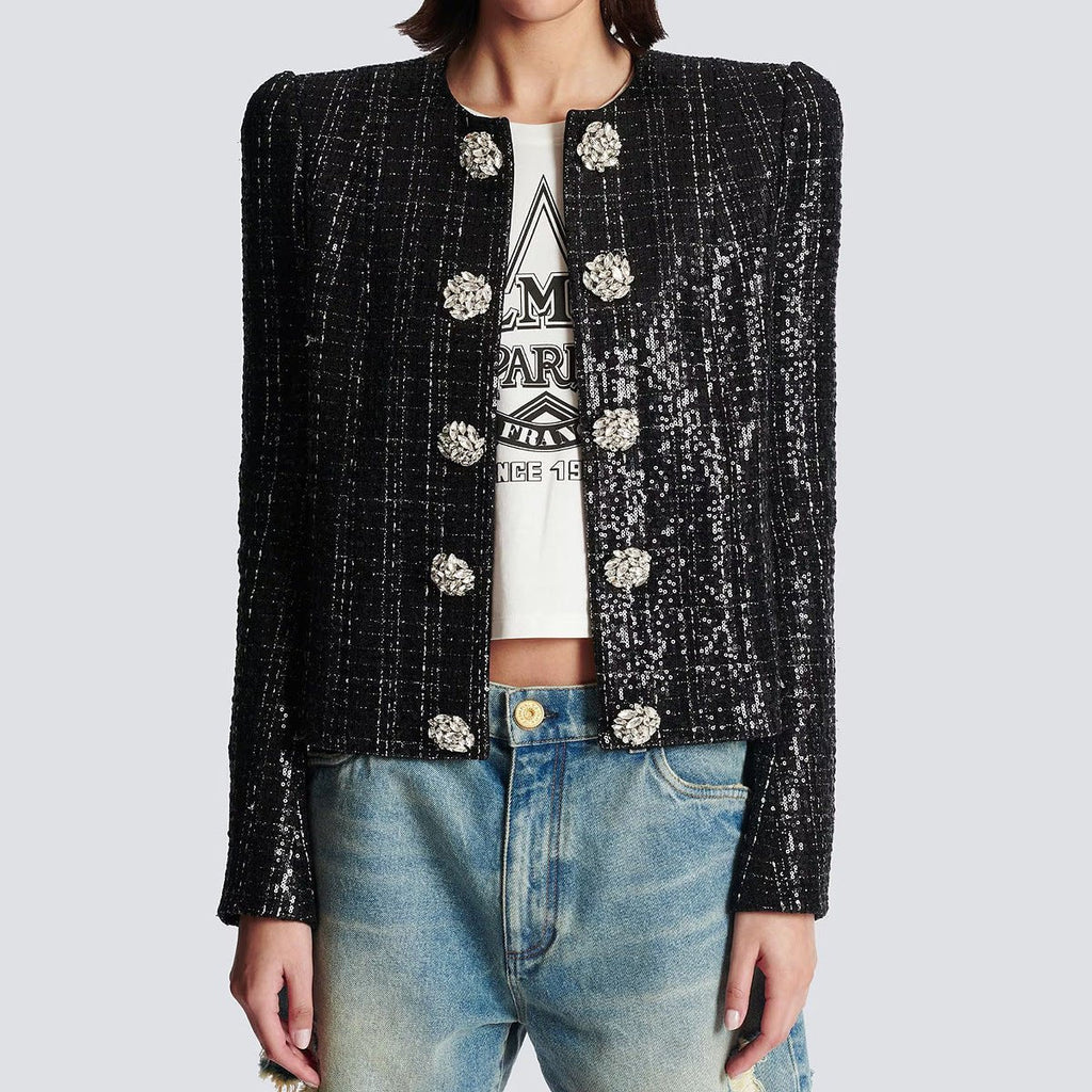 Elisa Tailored Tweed Jacket - Long Sleeves - Silver Detailing - Jeweled Buttons