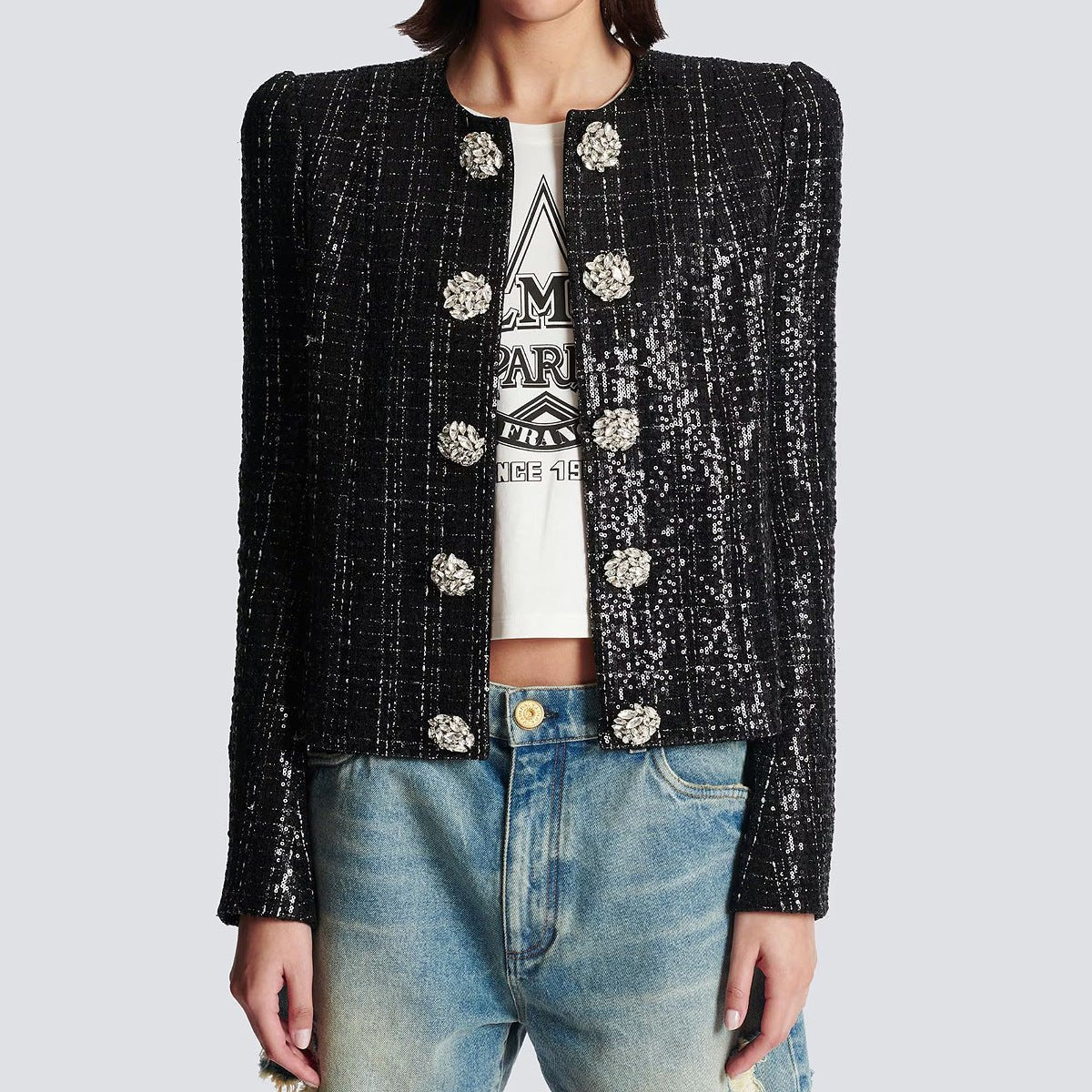 Elisa Tailored Tweed Jacket - Long Sleeves - Silver Detailing - Jeweled Buttons