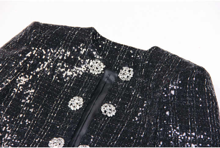 Elisa Tailored Tweed Jacket - Long Sleeves - Silver Detailing - Jeweled Buttons