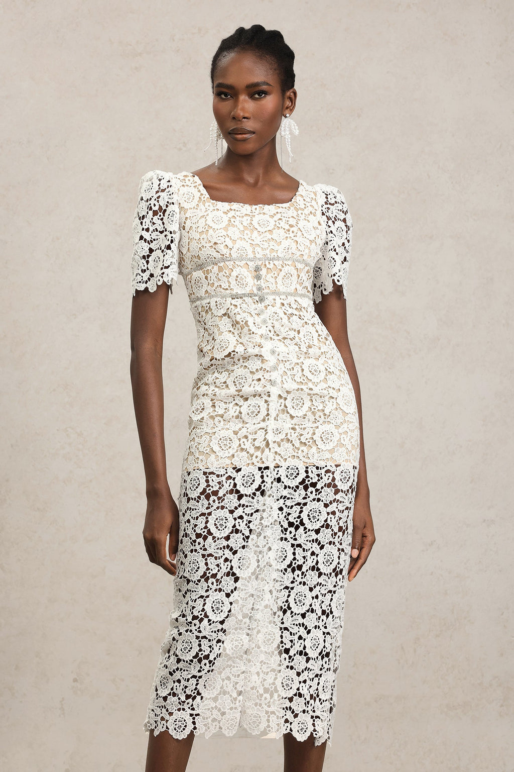 Elisa White Lace Diamond Pattern Midi Dress Short Sleeve Square Neckline Fitted Silhouette Garden Party Outdoor Wedding Ethereal Detailing Sheer Overlay Fashion Forward Woman Special Event