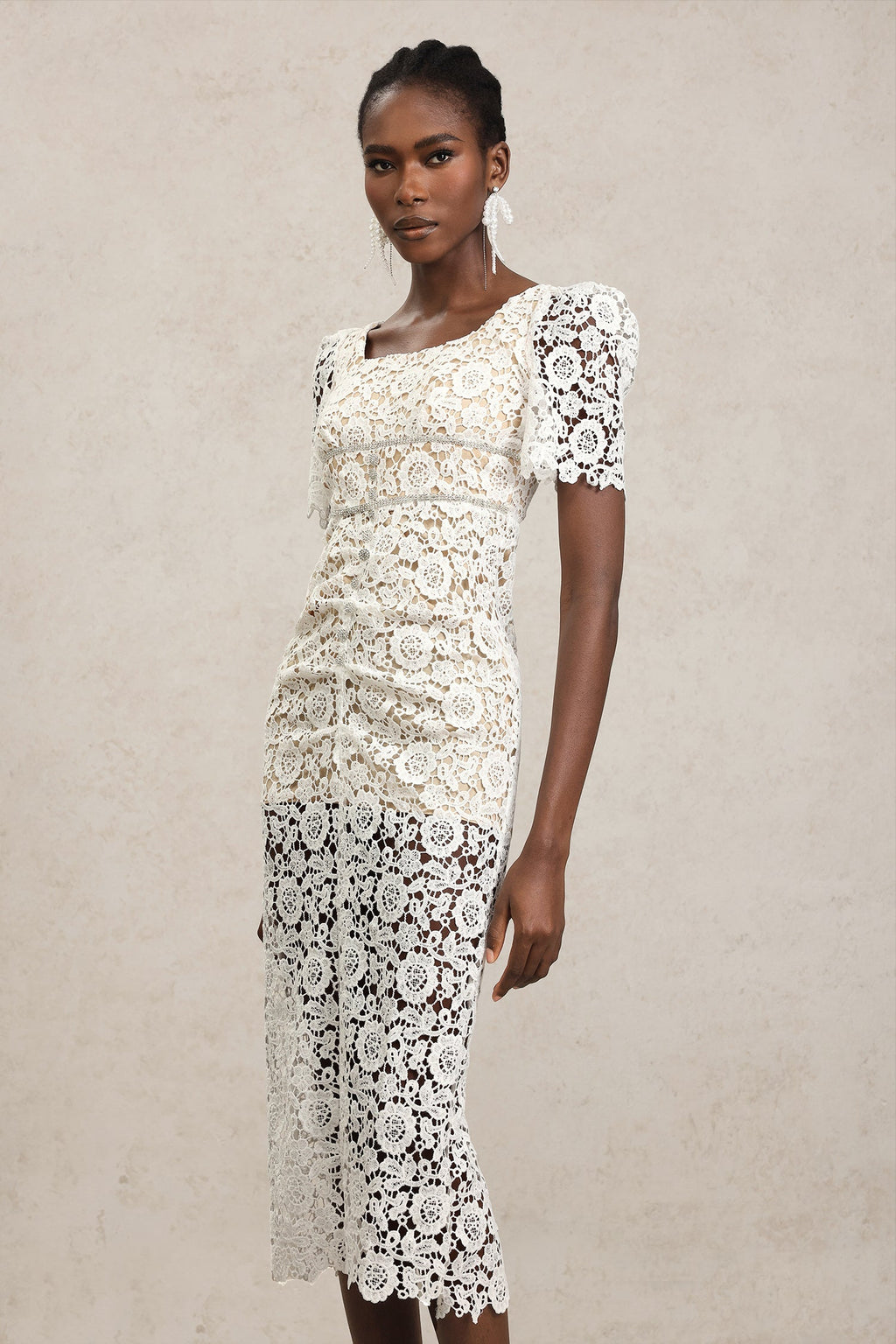 Elisa White Lace Diamond Pattern Midi Dress with Short Sleeves Square Neckline Fitted Silhouette for Garden Party or Outdoor Wedding